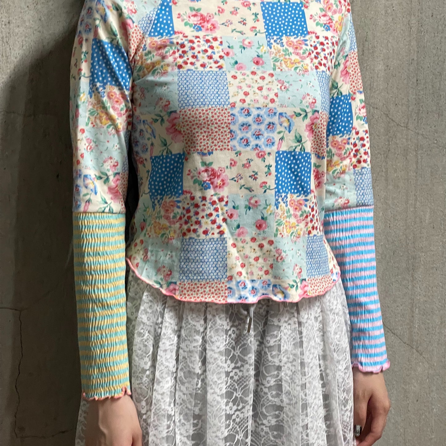 [F.E.E.S] ppi ppi patchwork long top / blue / パッチワークプリントT