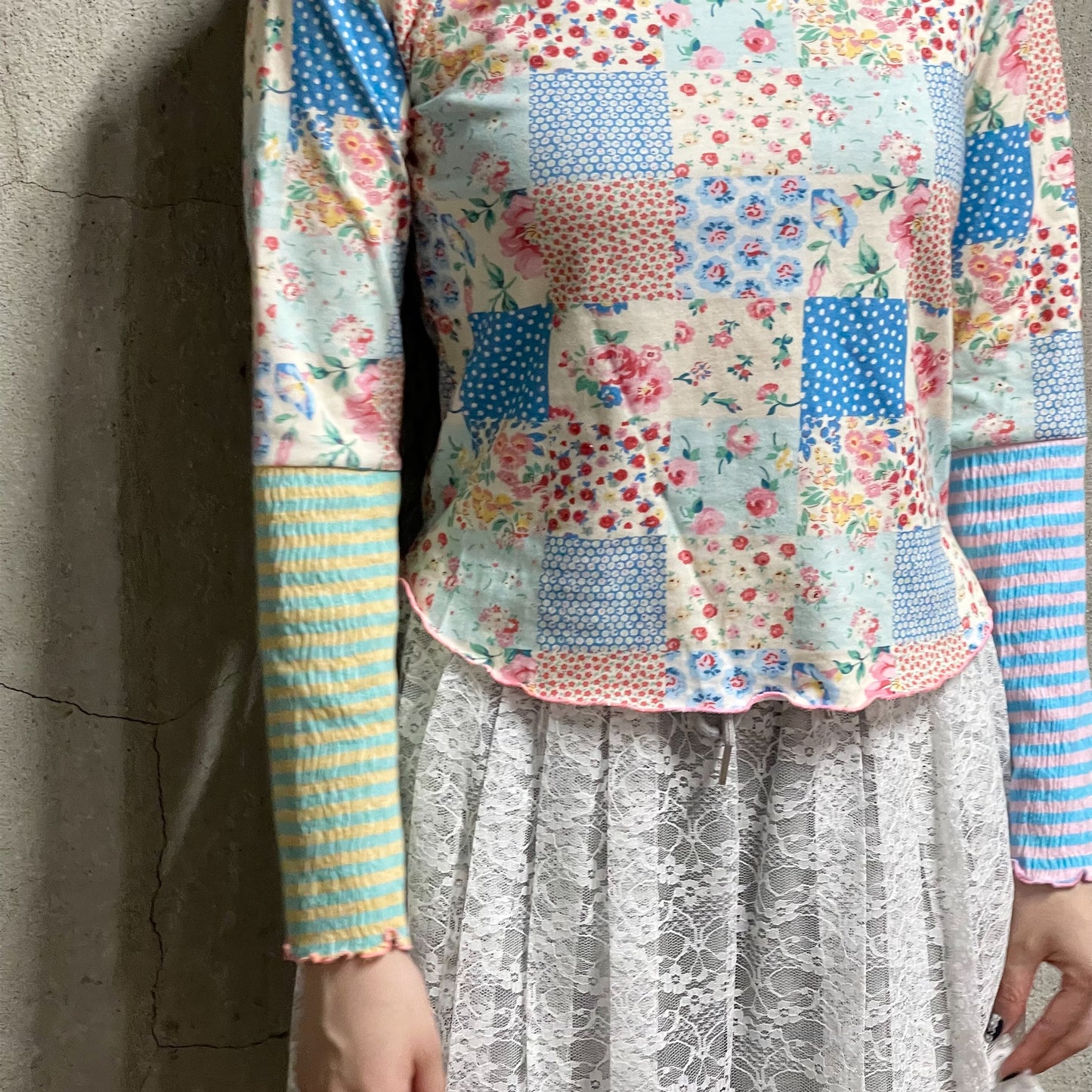 [F.E.E.S] ppi ppi patchwork long top / blue / パッチワークプリントT