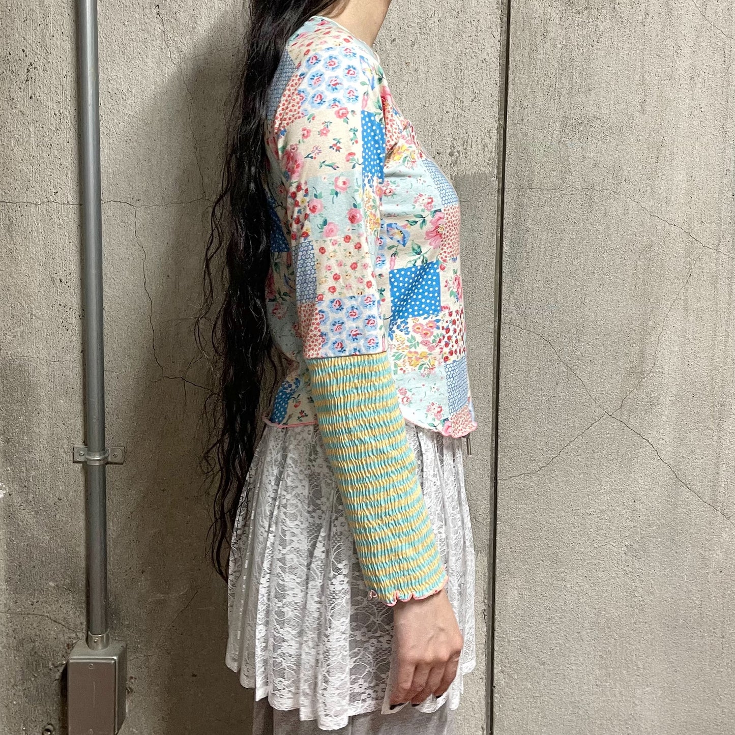 [F.E.E.S] ppi ppi patchwork long top / blue / パッチワークプリントT