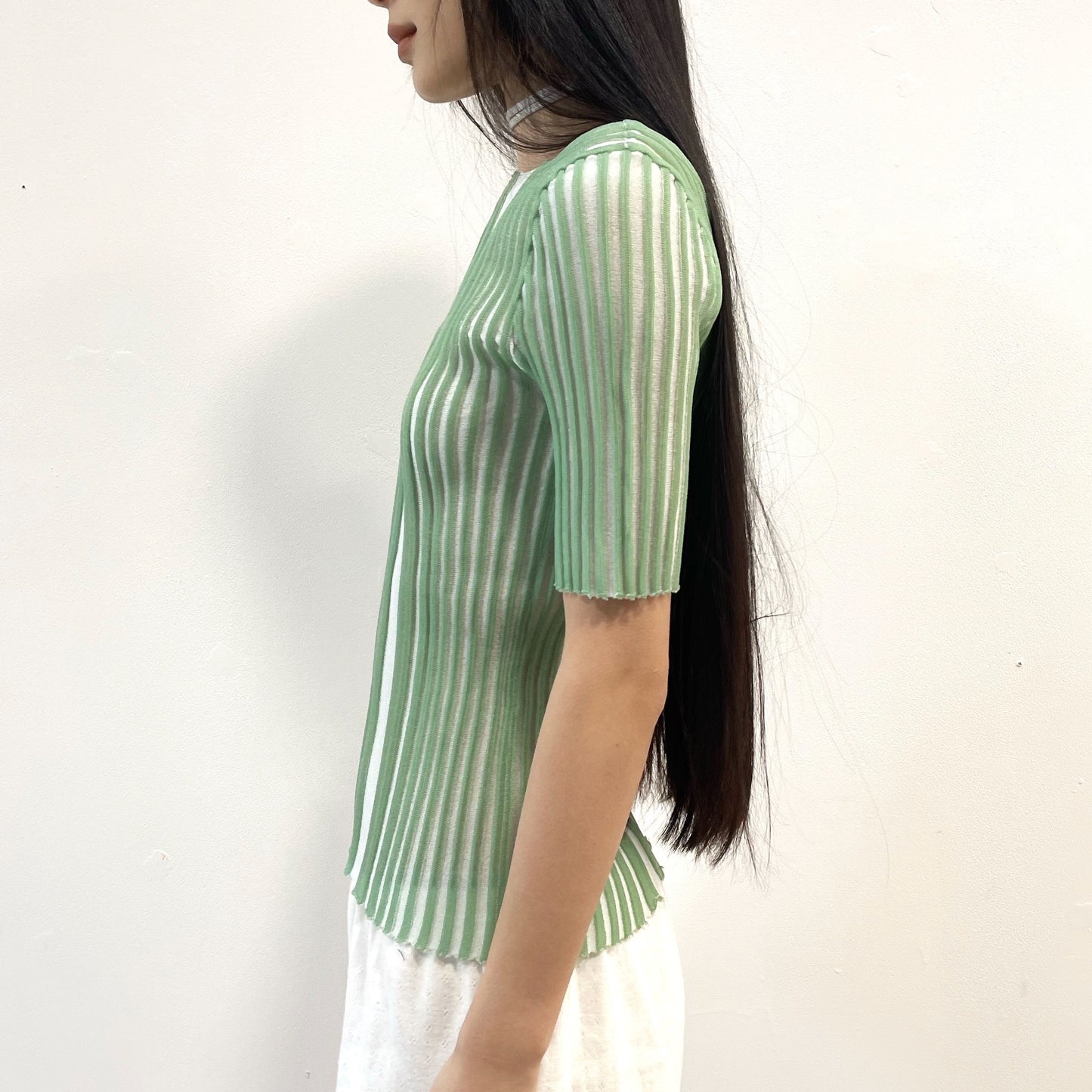 tin knit top / Green × Off White / リブニットトップ