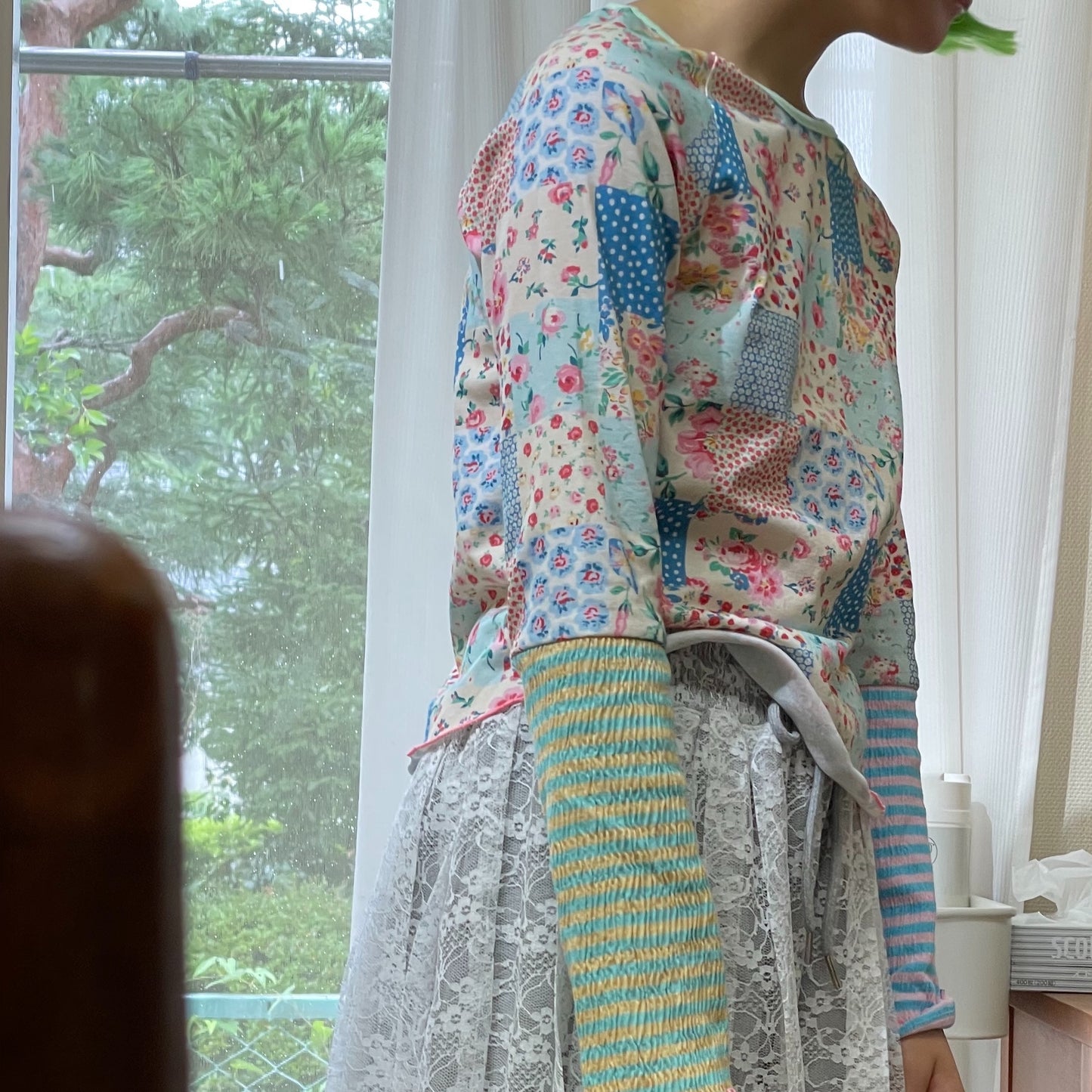 [F.E.E.S] ppi ppi patchwork long top / blue / パッチワークプリントT