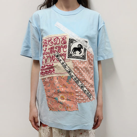Patchwork tshirts / Sky blue / パッチワークTシャツ