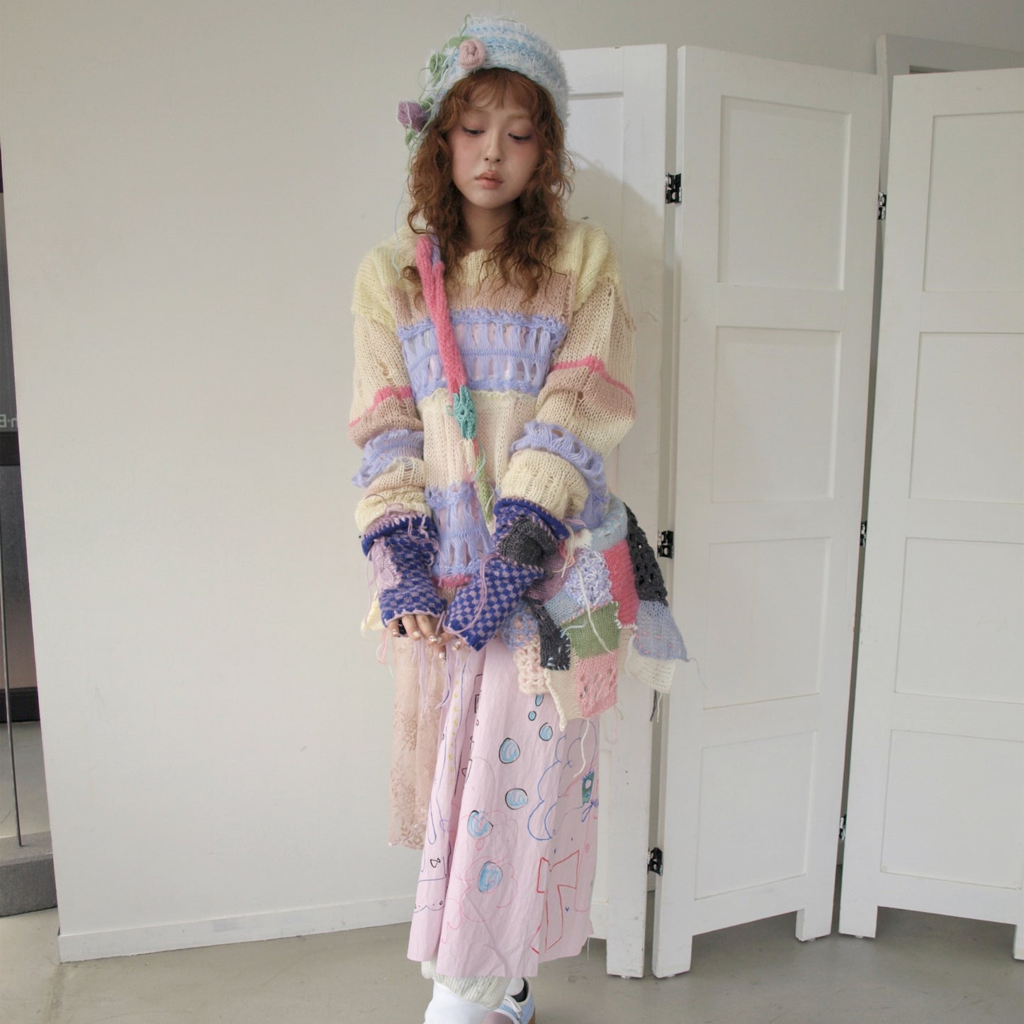 【Collabolation mimi-chan】 Mimi dress / Pink Mix / ドローイングドレス