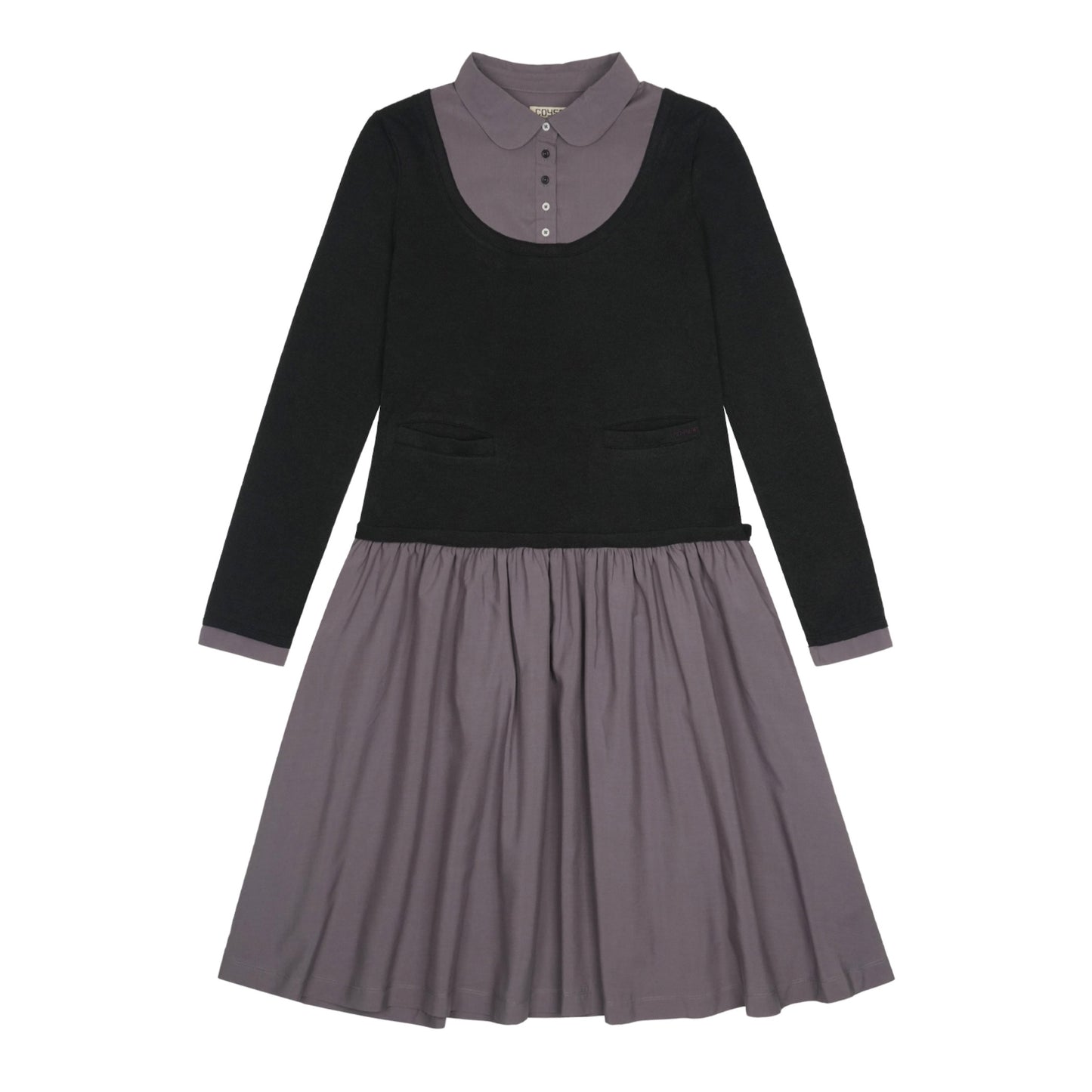 LAYERED SHIRT CARDIGAN SHIRRING DRESS / BLACK / ニットレイヤードドレス