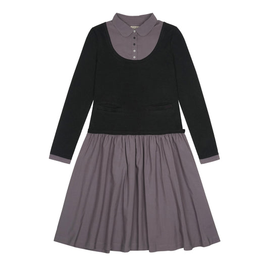 LAYERED SHIRT CARDIGAN SHIRRING DRESS / BLACK / ニットレイヤードドレス