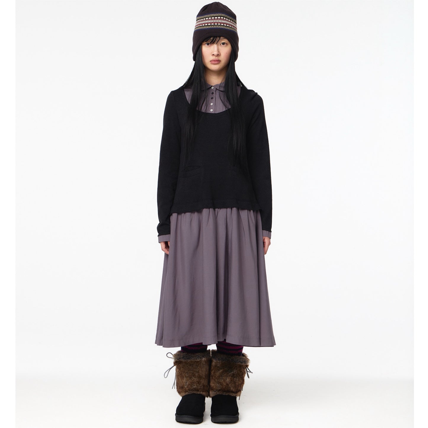 LAYERED SHIRT CARDIGAN SHIRRING DRESS / BLACK / ニットレイヤードドレス