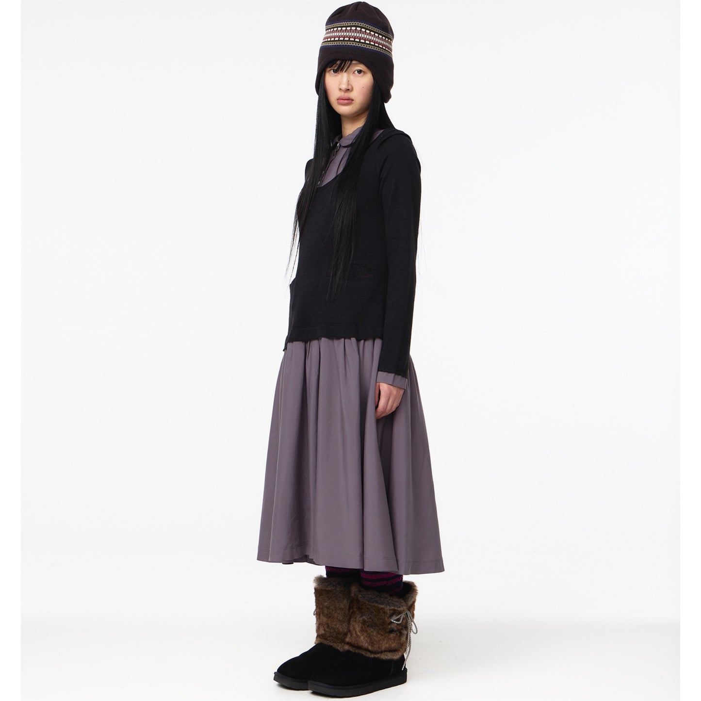LAYERED SHIRT CARDIGAN SHIRRING DRESS / BLACK / ニットレイヤードドレス