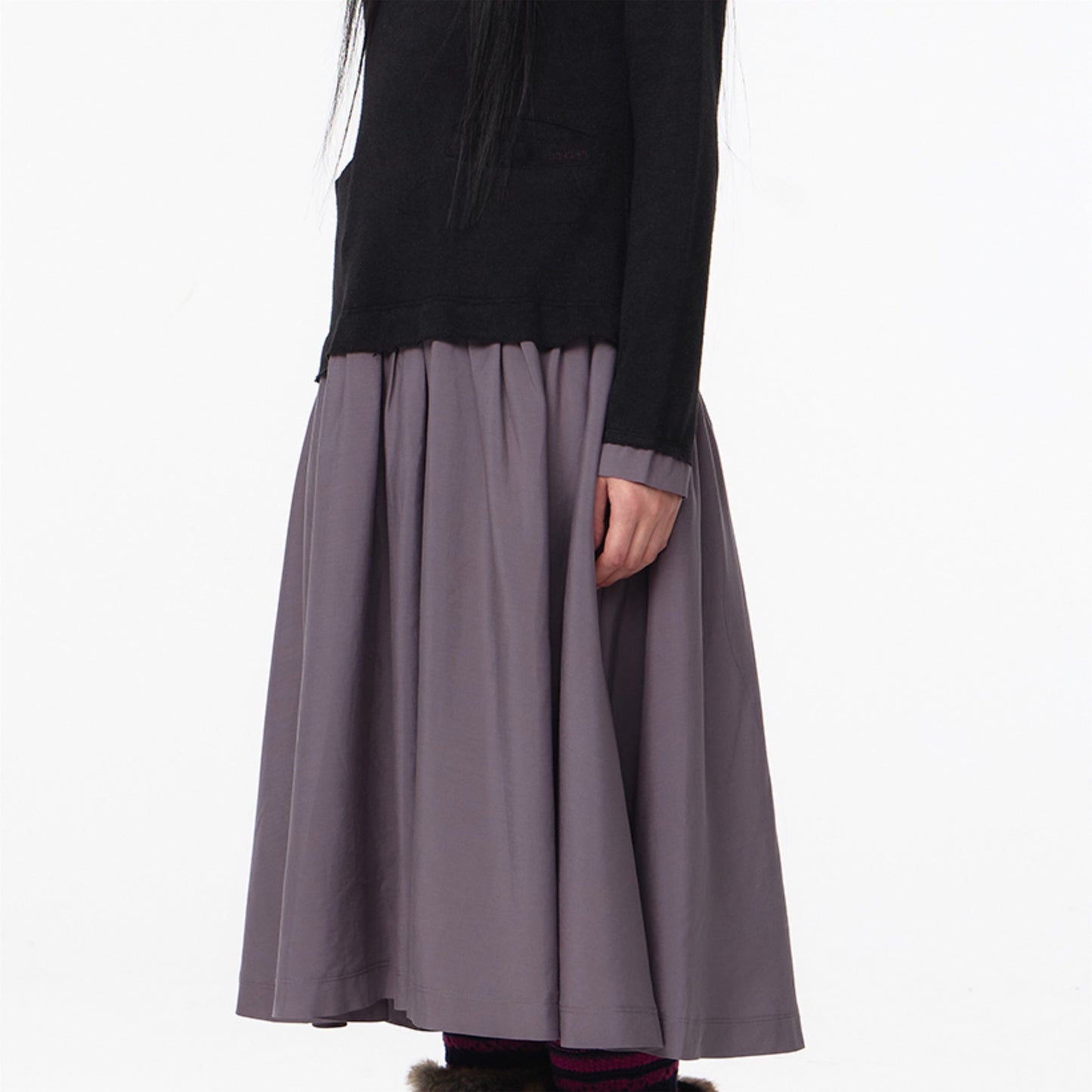LAYERED SHIRT CARDIGAN SHIRRING DRESS / BLACK / ニットレイヤードドレス