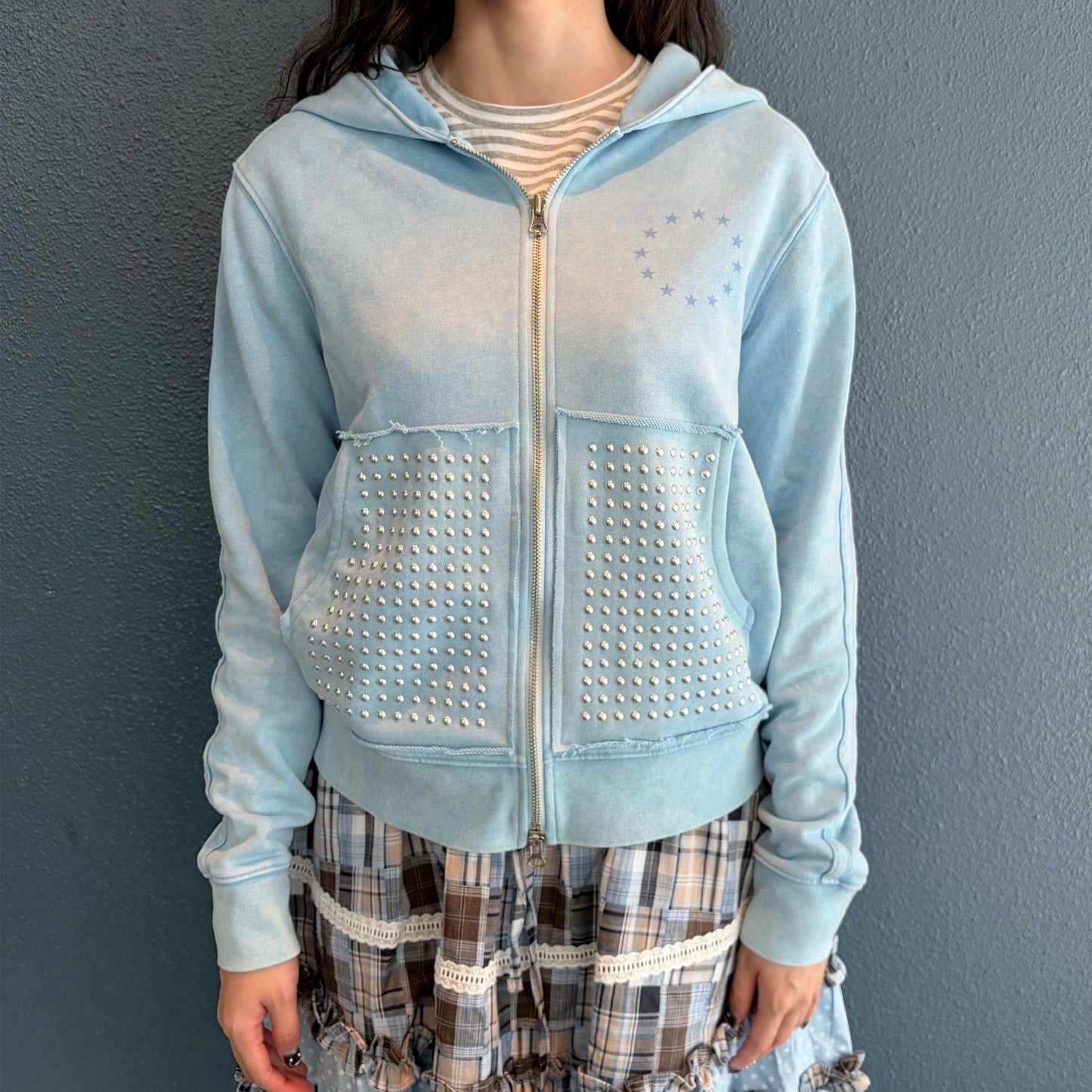 Washed Rhinestone Zip Hoodie / Blue / ウォッシュ加工ジップフーディー