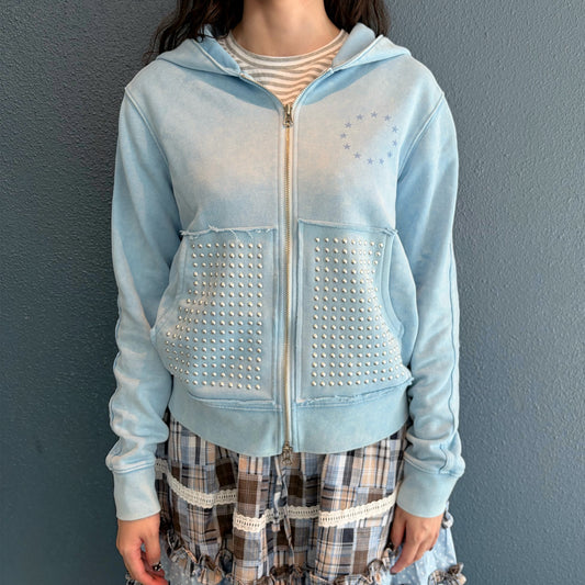 Washed Rhinestone Zip Hoodie / Blue / ウォッシュ加工ジップフーディー