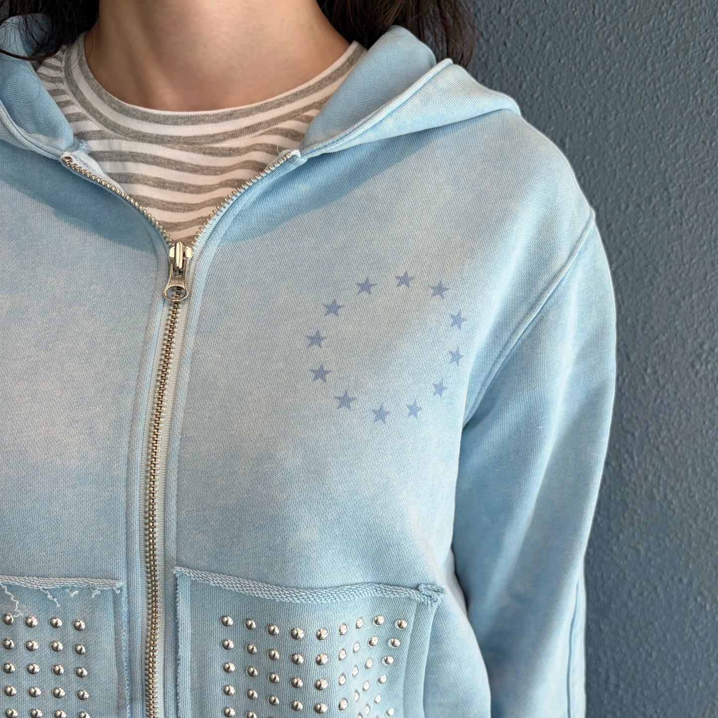 Washed Rhinestone Zip Hoodie / Blue / ウォッシュ加工ジップフーディー