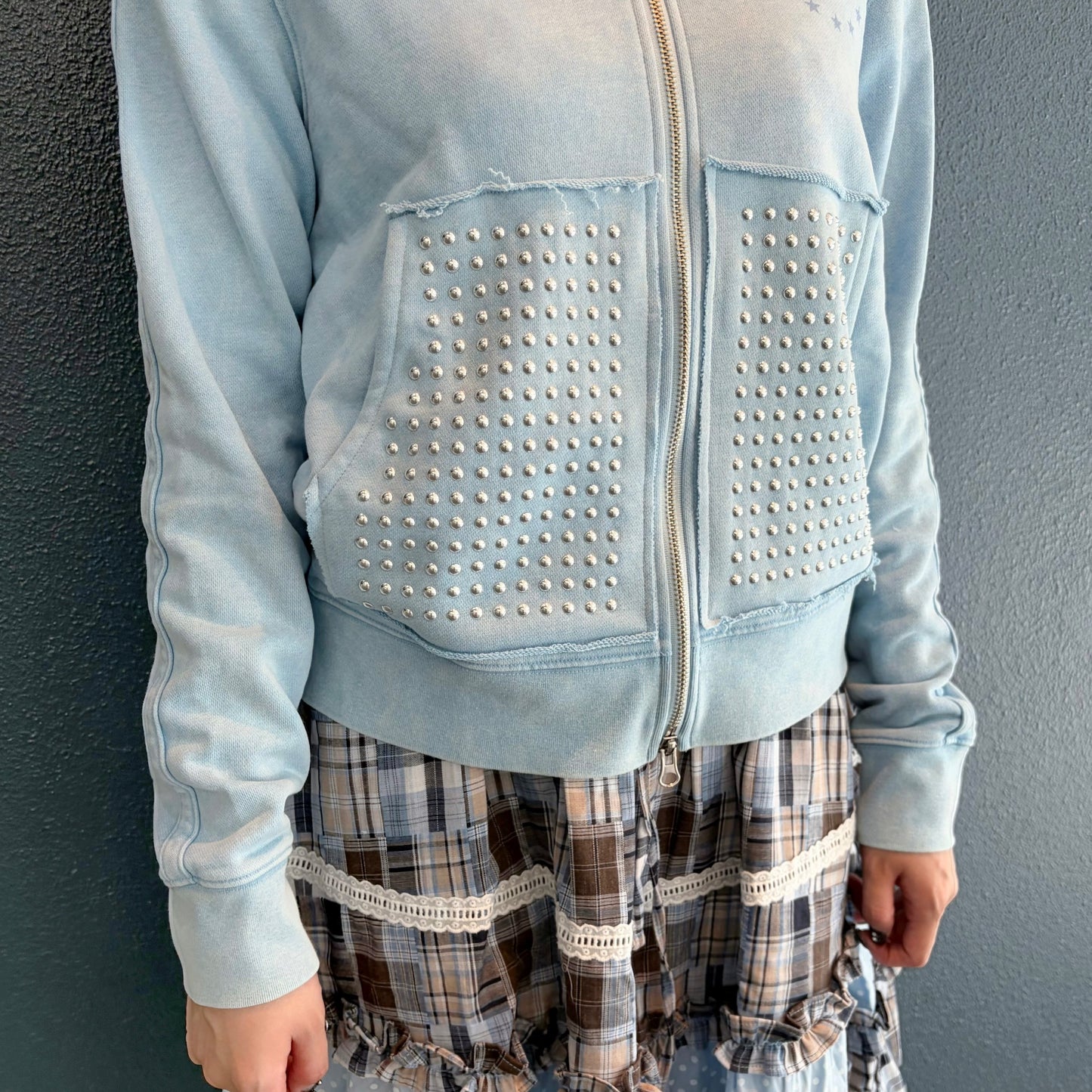 Washed Rhinestone Zip Hoodie / Blue / ウォッシュ加工ジップフーディー