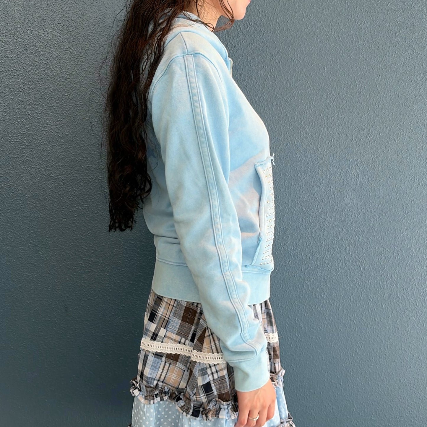 Washed Rhinestone Zip Hoodie / Blue / ウォッシュ加工ジップフーディー