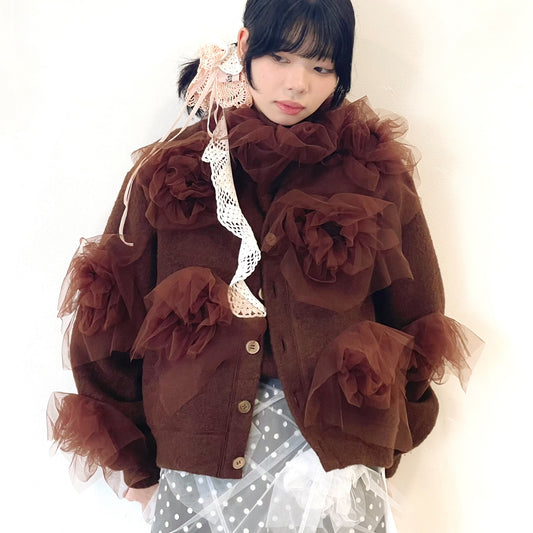 Tulle flower cardigan / Brown / ウールカーディガン