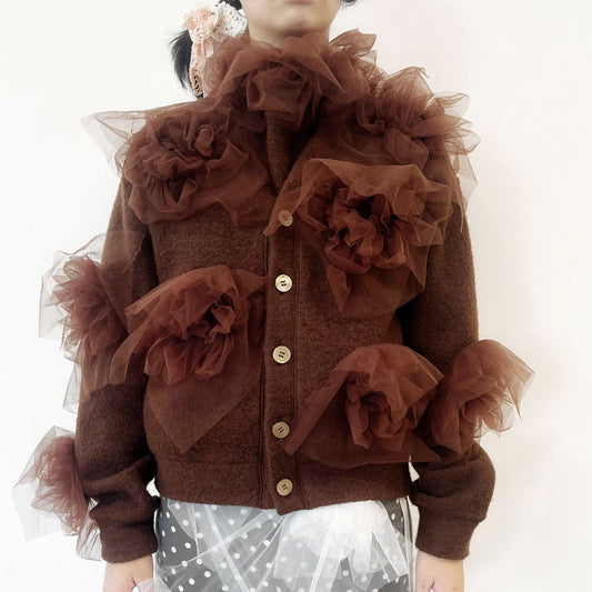 Tulle flower cardigan / Brown / ウールカーディガン