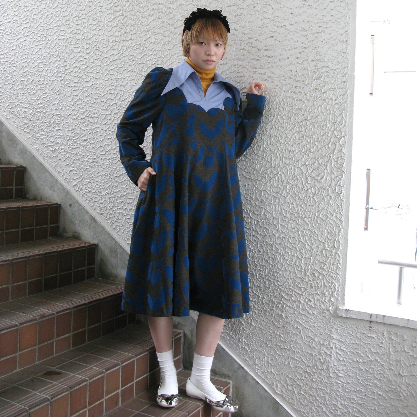 FAKE LAYERED FLOCKY ONE PIECE / BROWN x BLUE / フェイクレイヤードフロッキーワンピース