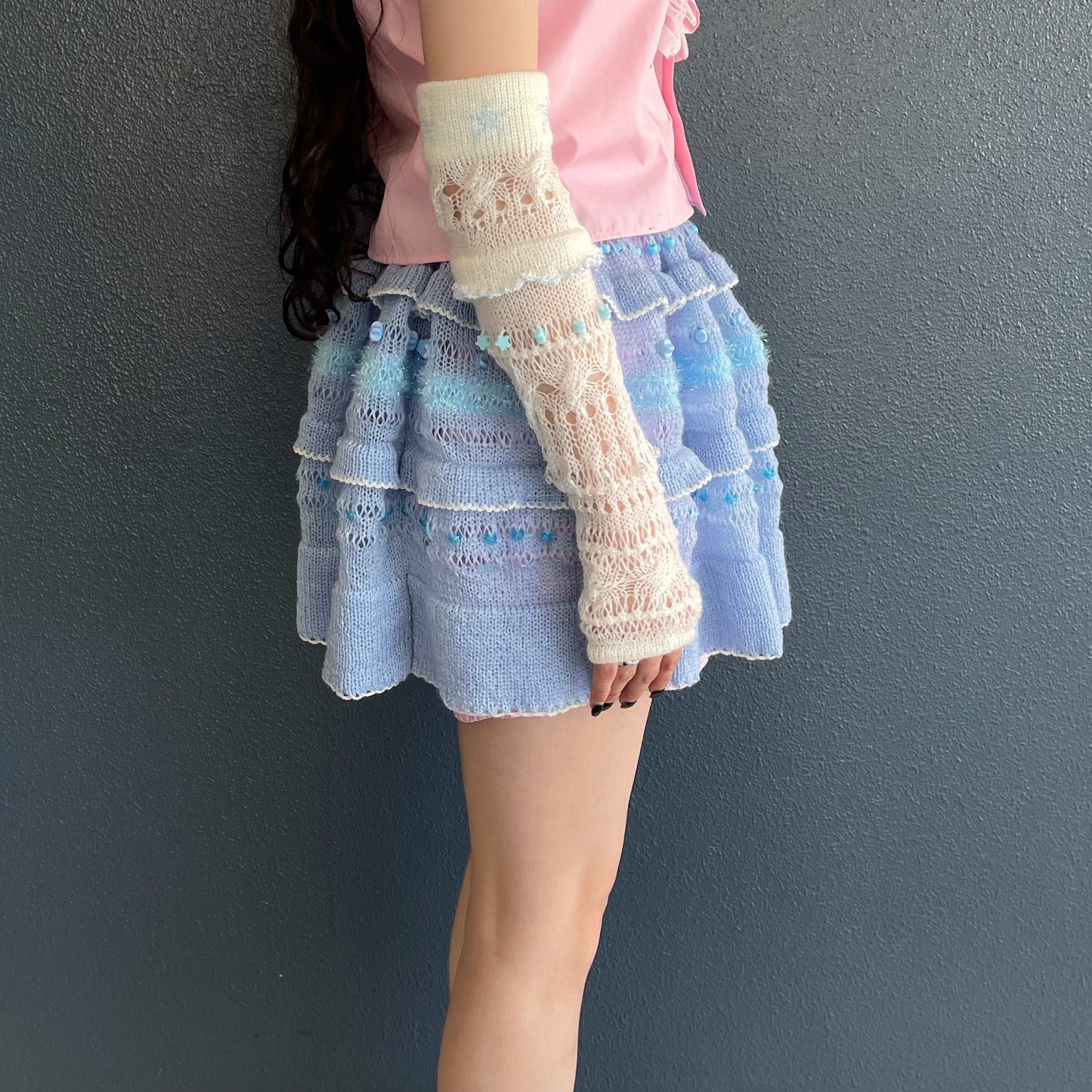 Knitted frill short skirt / Blue / ニットフリルショートスカート