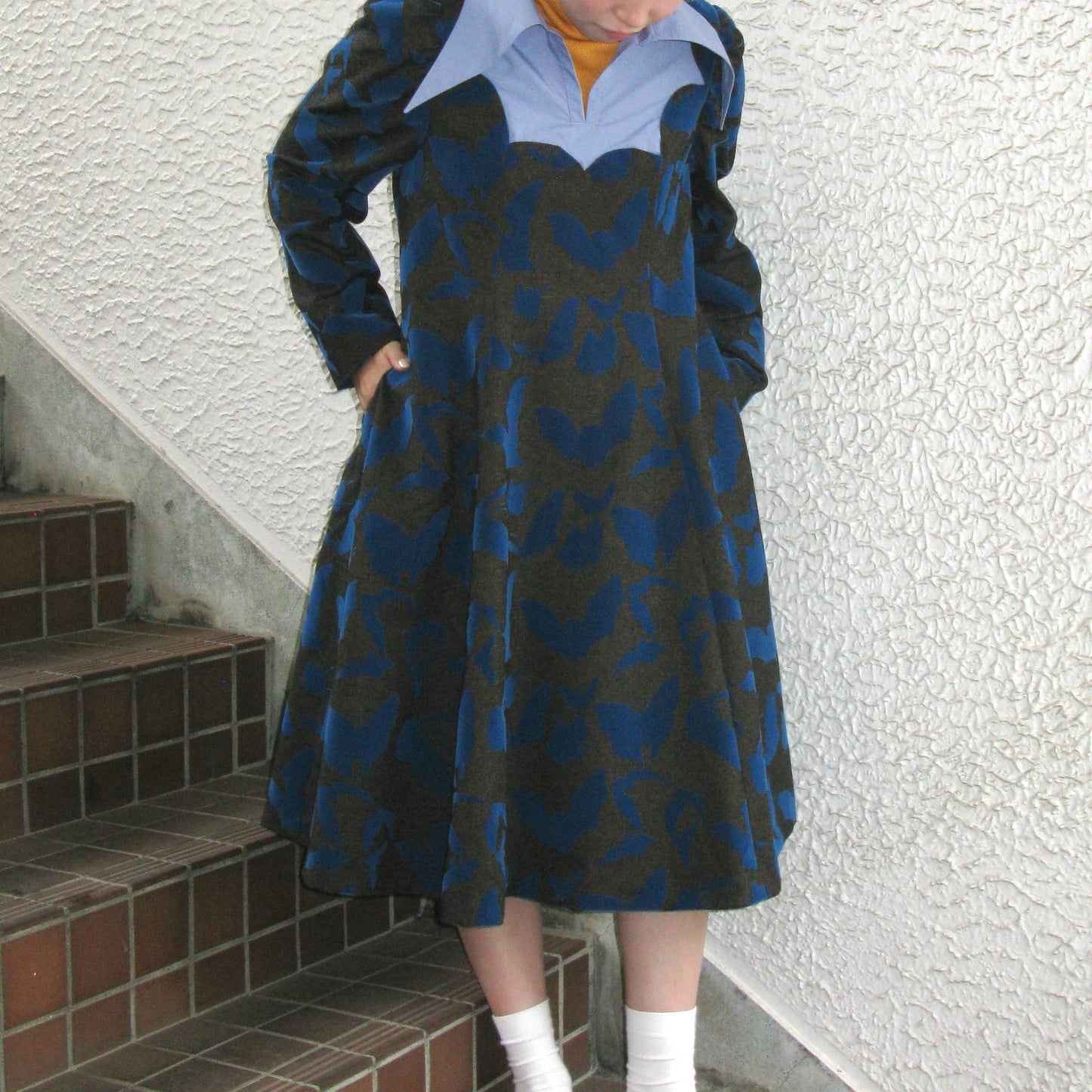 FAKE LAYERED FLOCKY ONE PIECE / BROWN x BLUE / フェイクレイヤードフロッキーワンピース