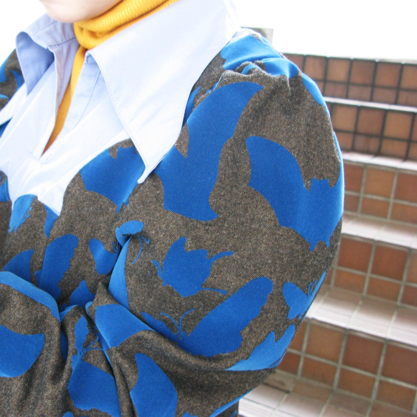 FAKE LAYERED FLOCKY ONE PIECE / BROWN x BLUE / フェイクレイヤードフロッキーワンピース