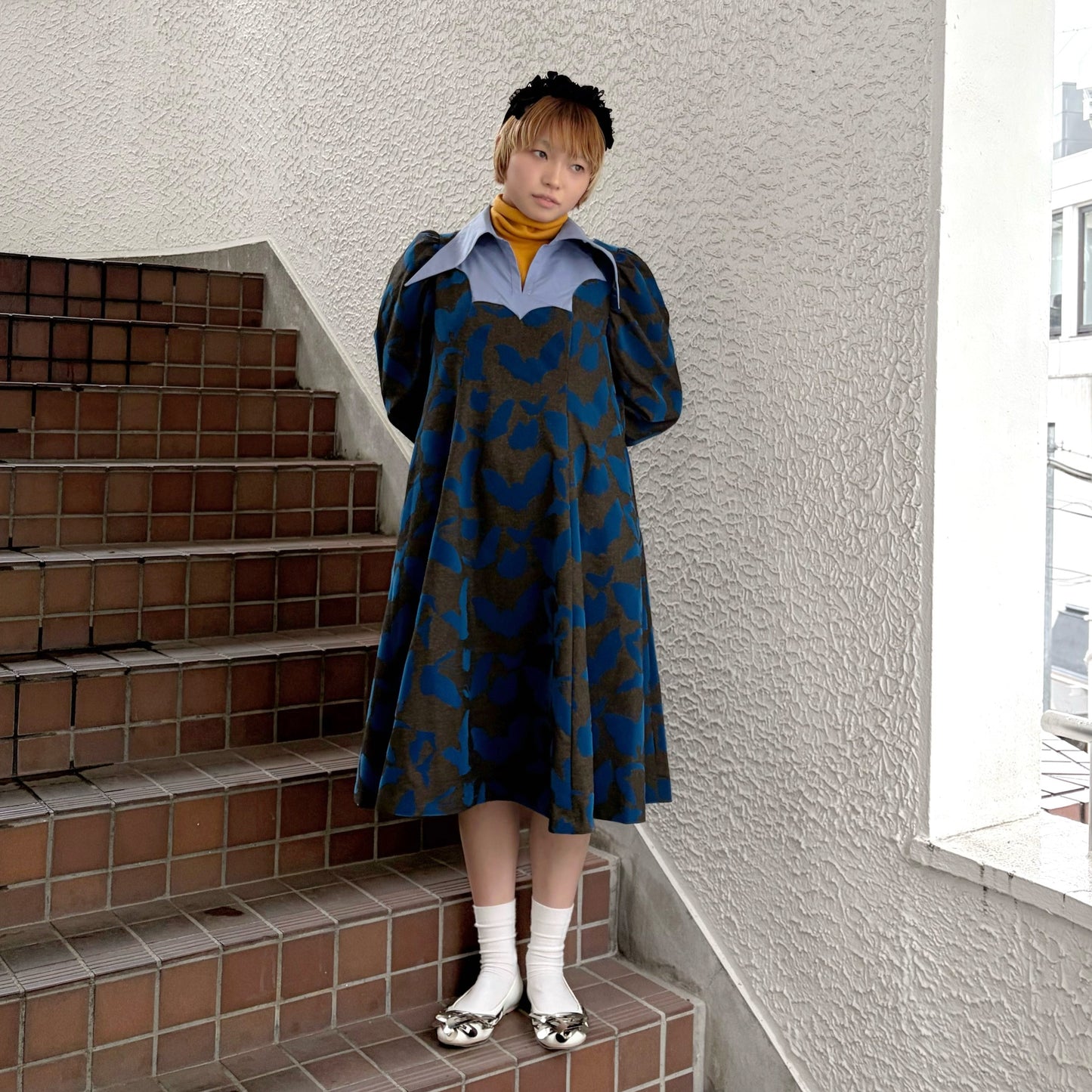 FAKE LAYERED FLOCKY ONE PIECE / BROWN x BLUE / フェイクレイヤードフロッキーワンピース