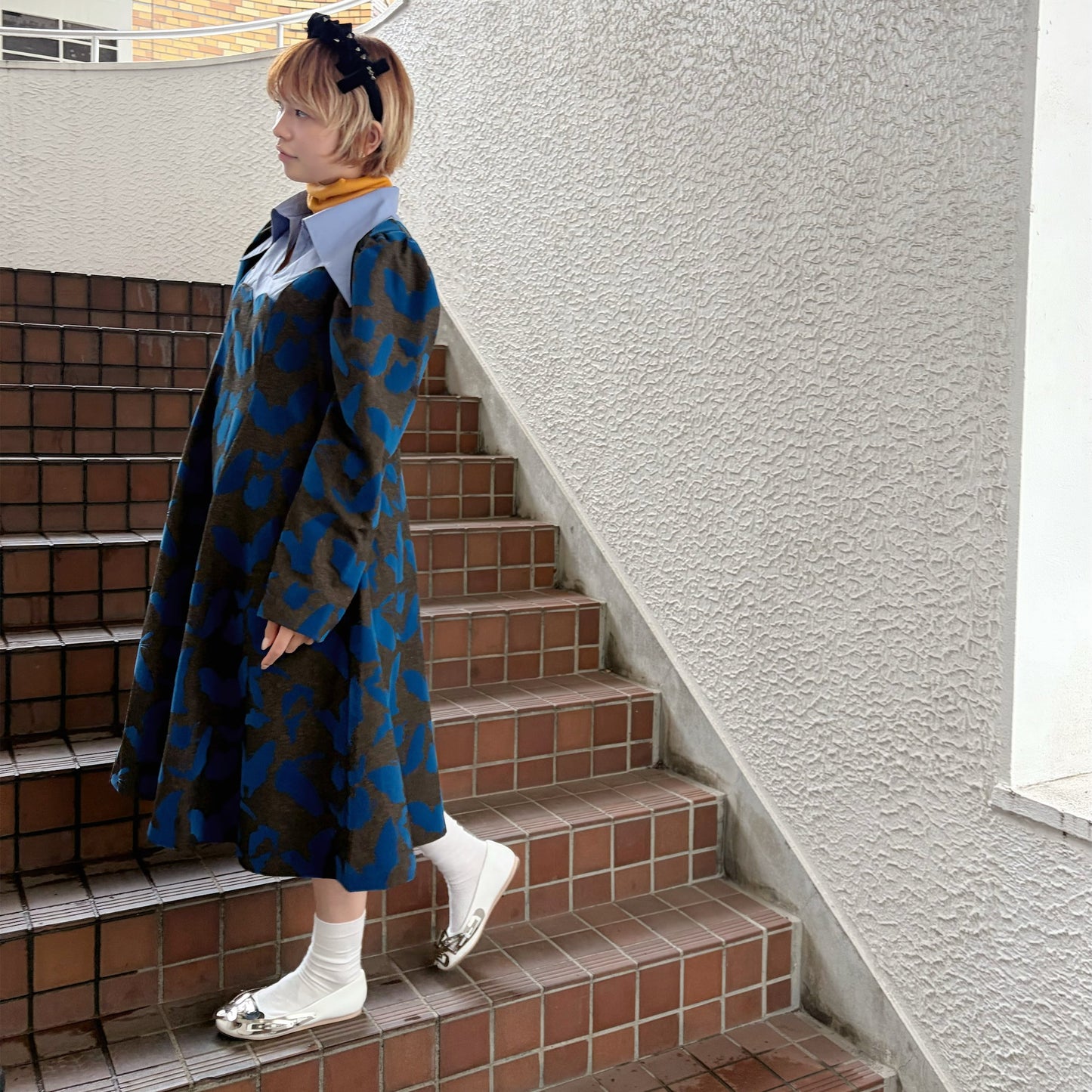 FAKE LAYERED FLOCKY ONE PIECE / BROWN x BLUE / フェイクレイヤードフロッキーワンピース