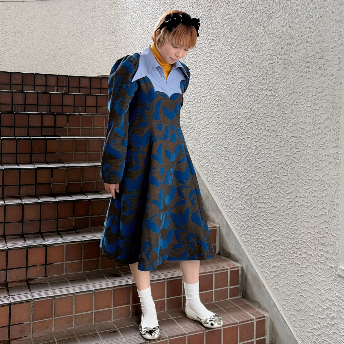 FAKE LAYERED FLOCKY ONE PIECE / BROWN x BLUE / フェイクレイヤードフロッキーワンピース