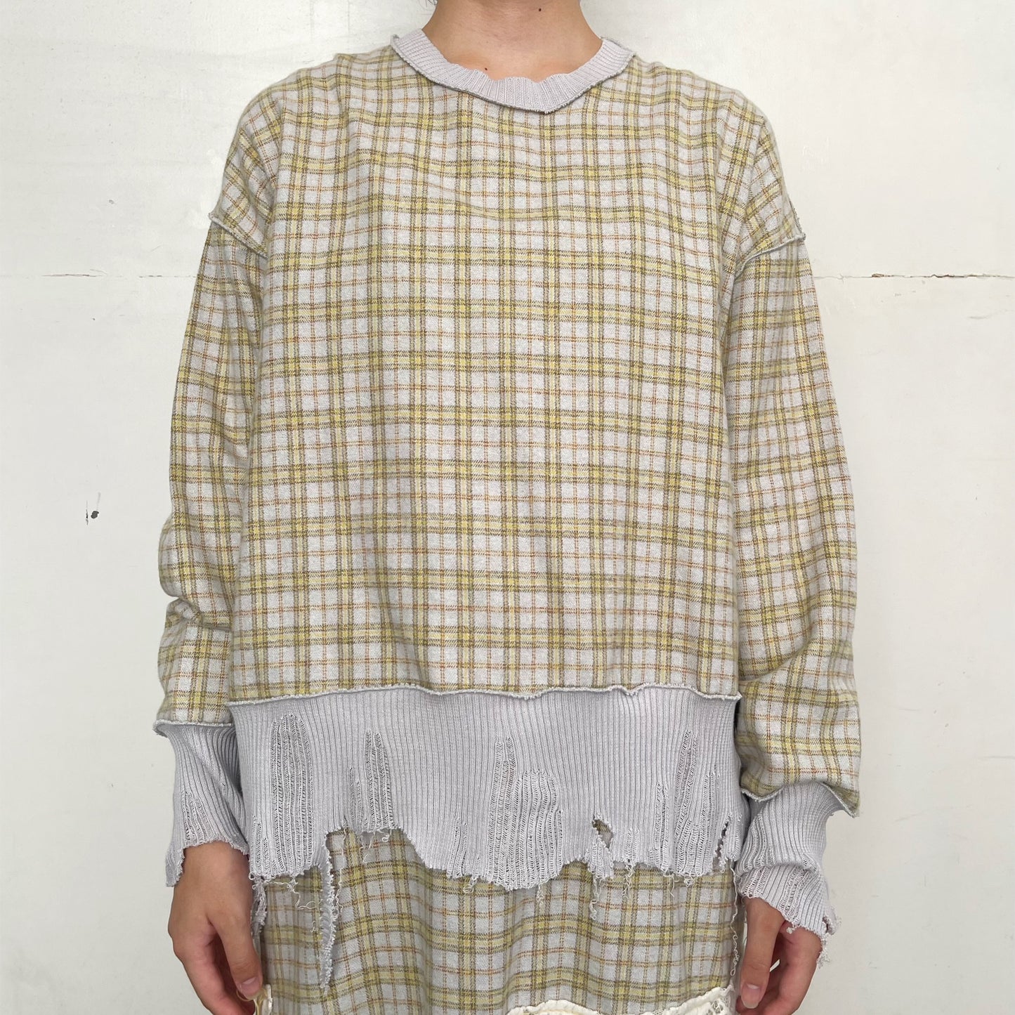 check rib top / gray x yellow / チェックリブトップ