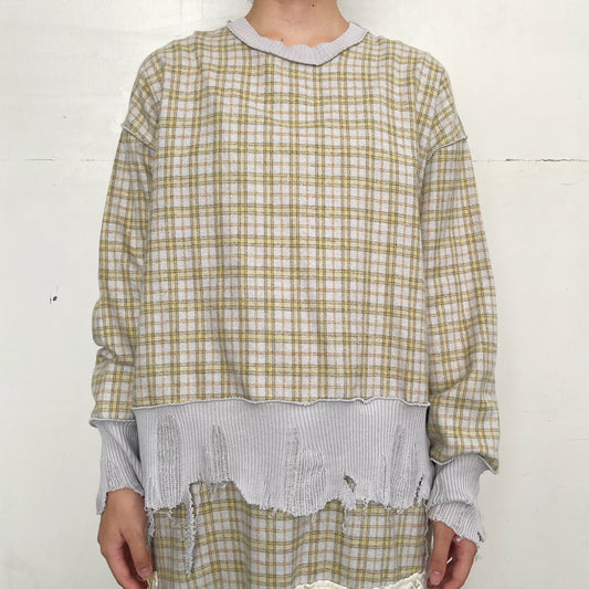 check rib top / gray x yellow / チェックリブトップ