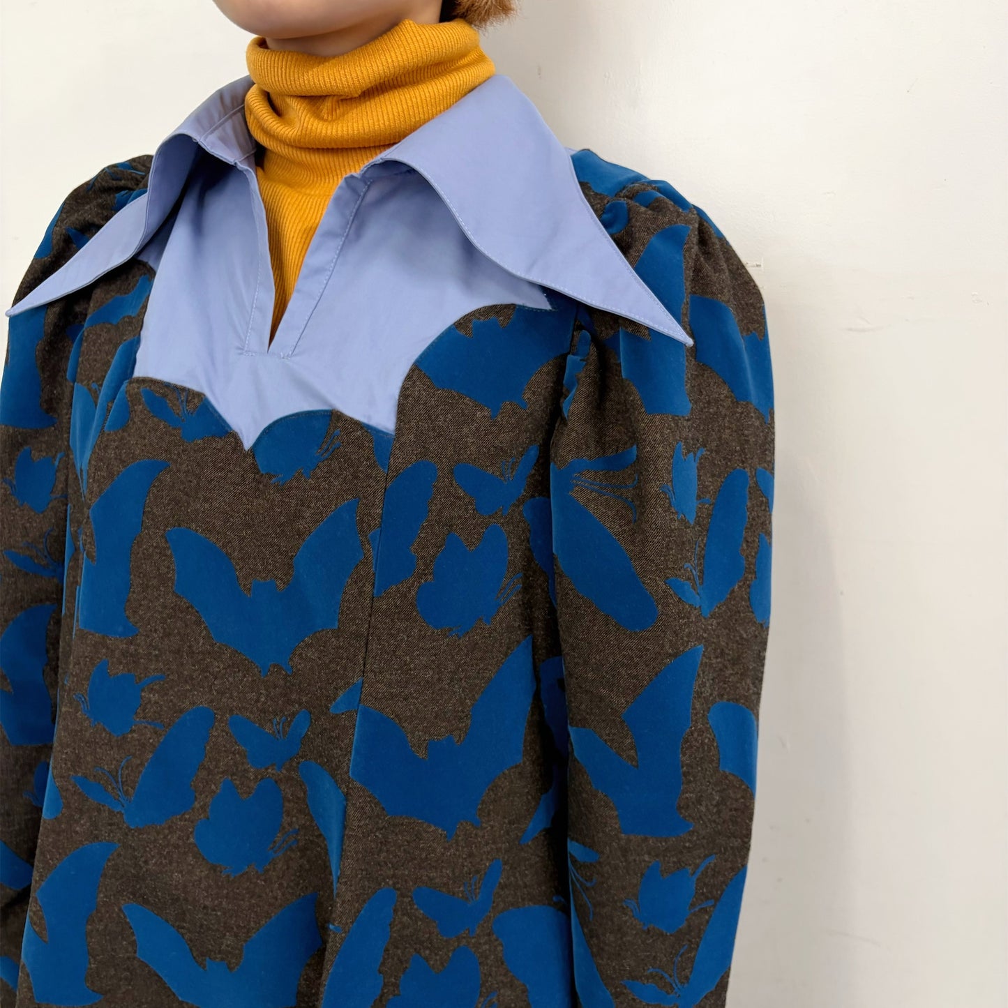 FAKE LAYERED FLOCKY ONE PIECE / BROWN x BLUE / フェイクレイヤードフロッキーワンピース