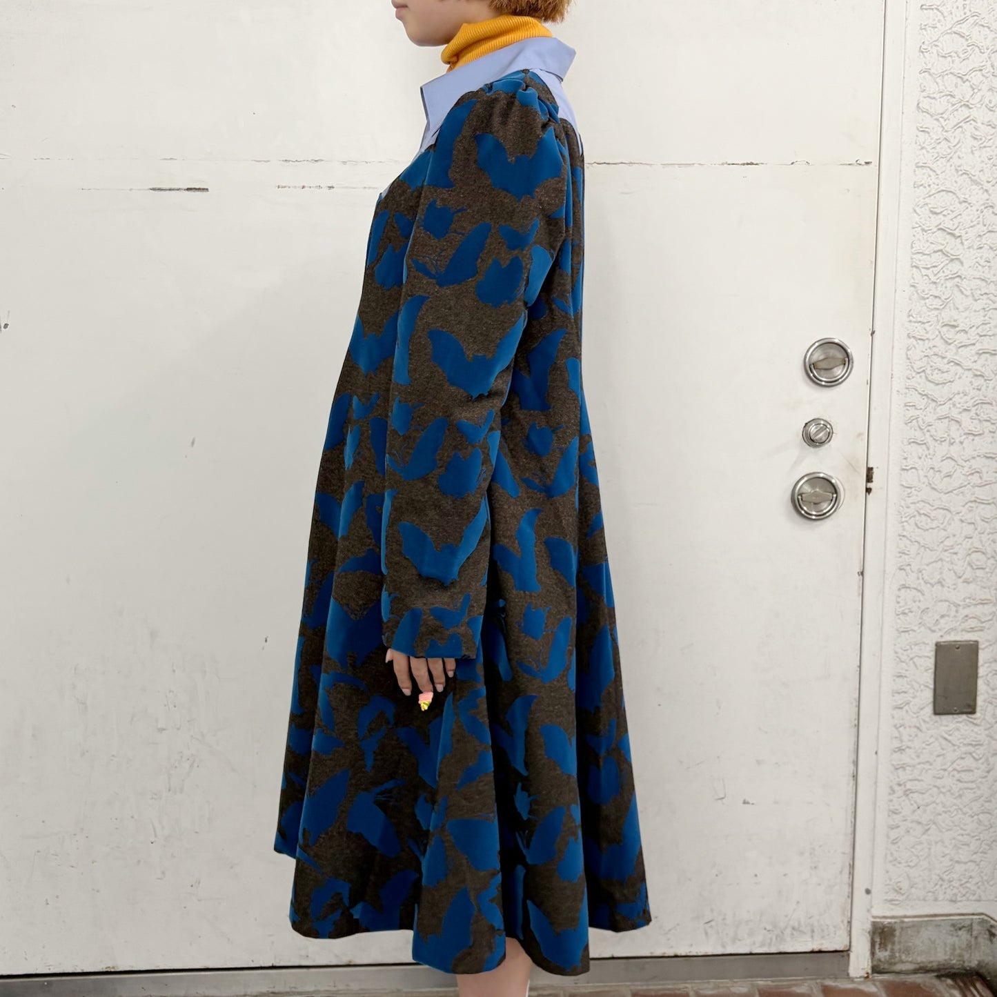 FAKE LAYERED FLOCKY ONE PIECE / BROWN x BLUE / フェイクレイヤードフロッキーワンピース