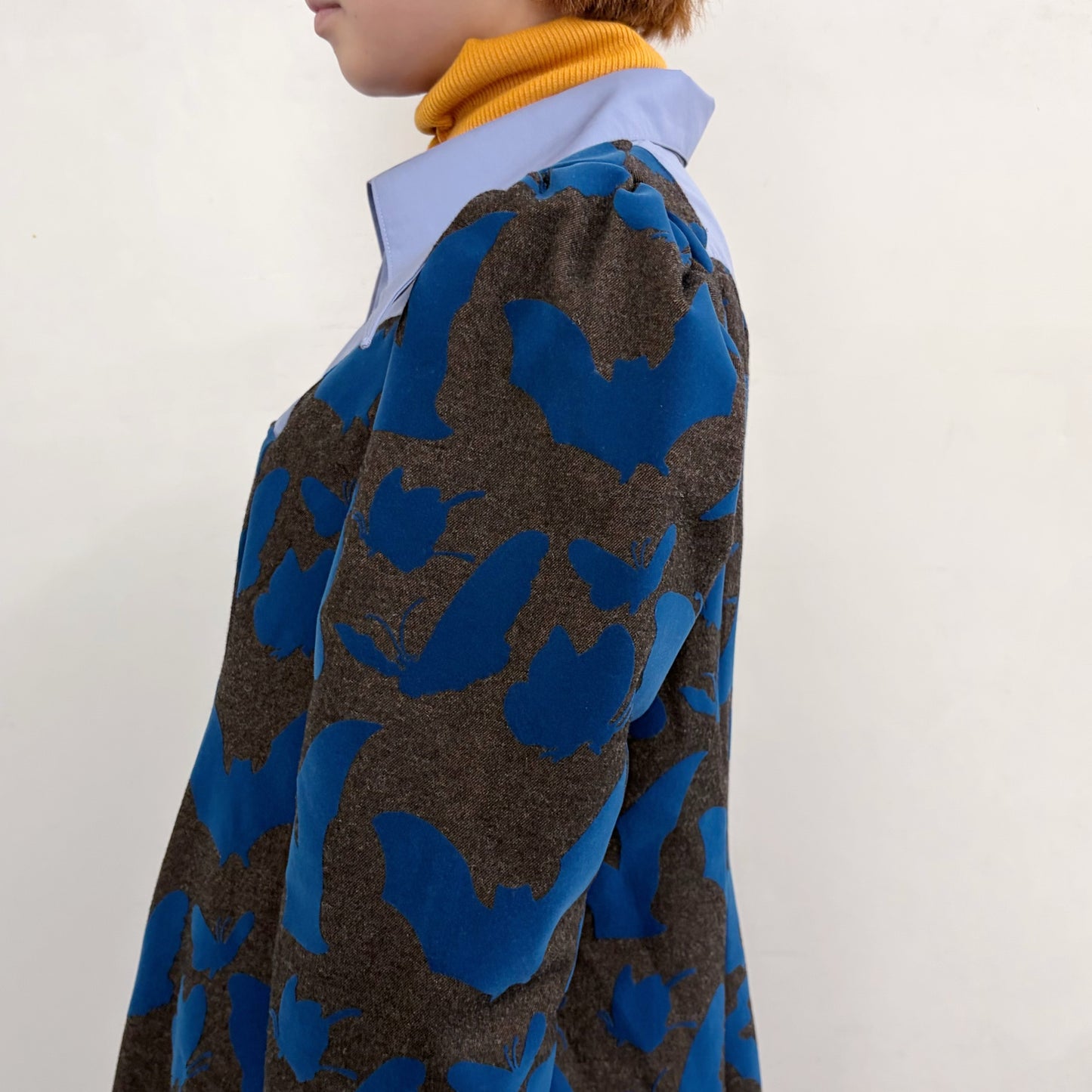 FAKE LAYERED FLOCKY ONE PIECE / BROWN x BLUE / フェイクレイヤードフロッキーワンピース