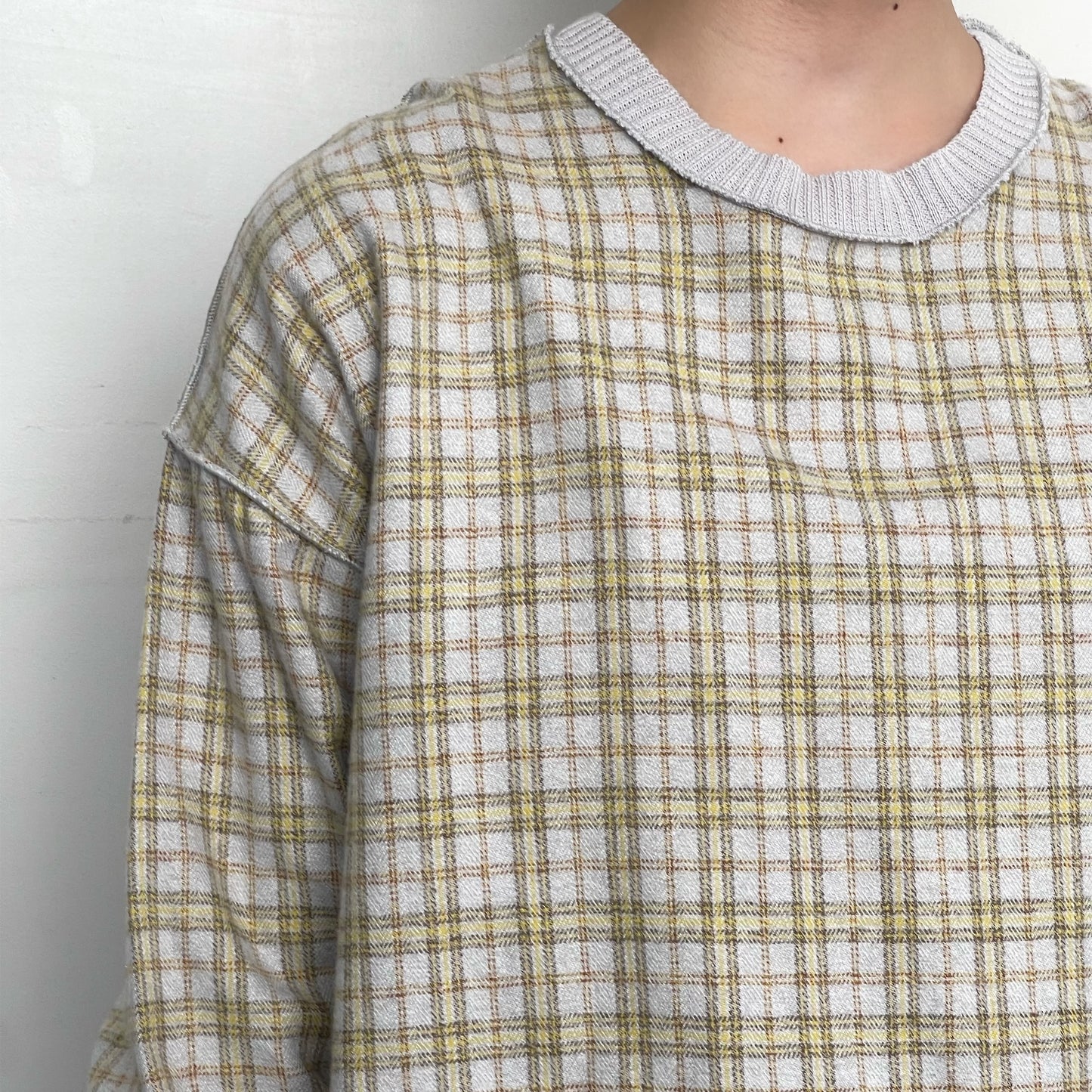 check rib top / gray x yellow / チェックリブトップ