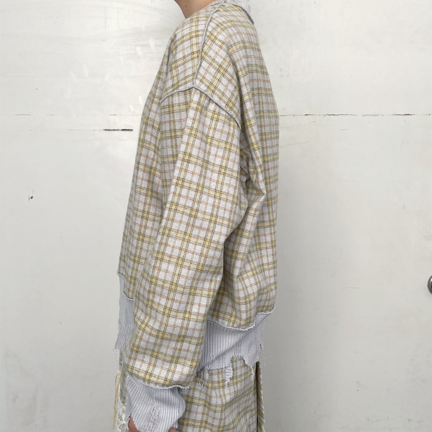 check rib top / gray x yellow / チェックリブトップ