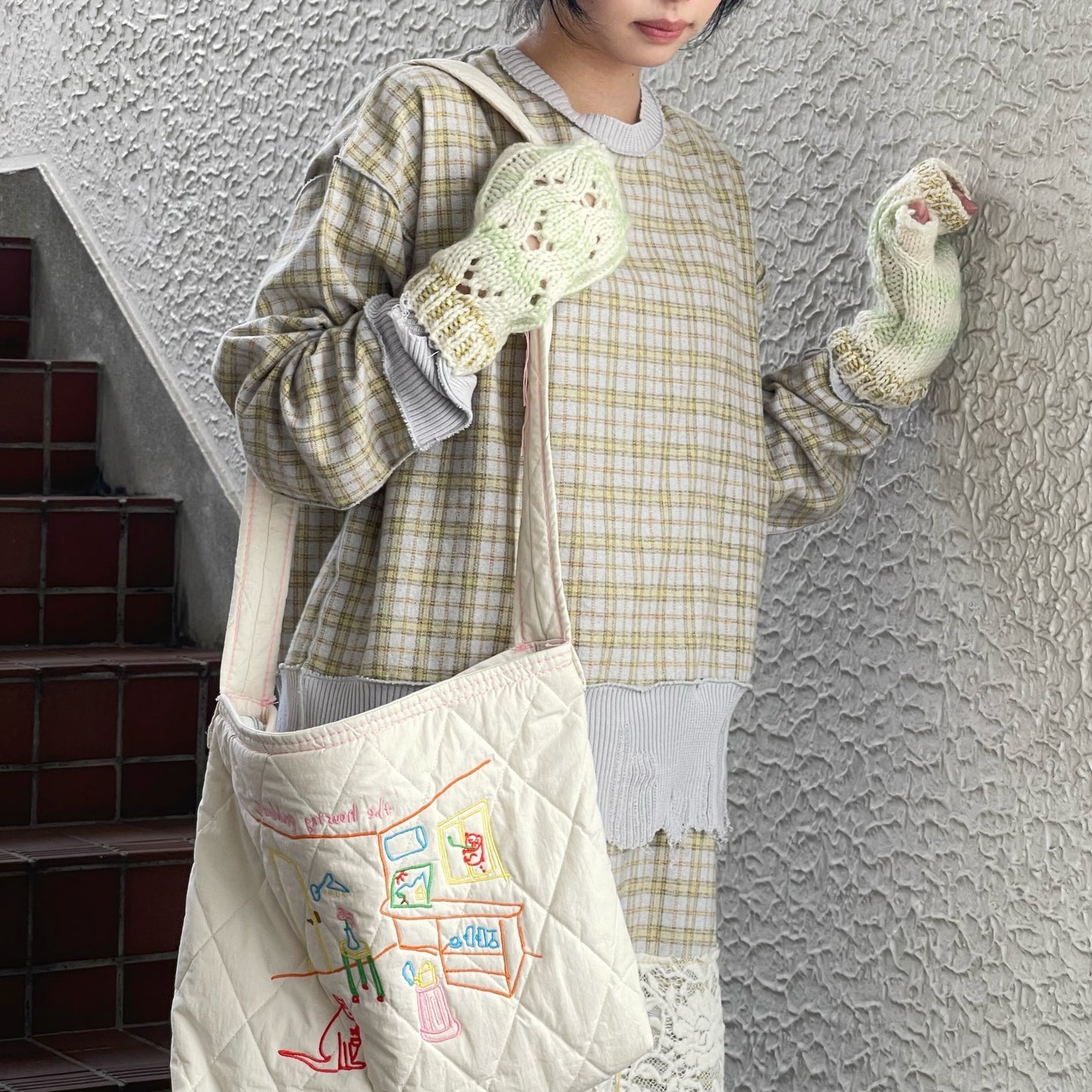 check rib top / gray x yellow / チェックリブトップ