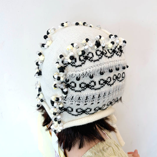 Frill knitted ribbon hat / White × Black / フリルニットリボンハット
