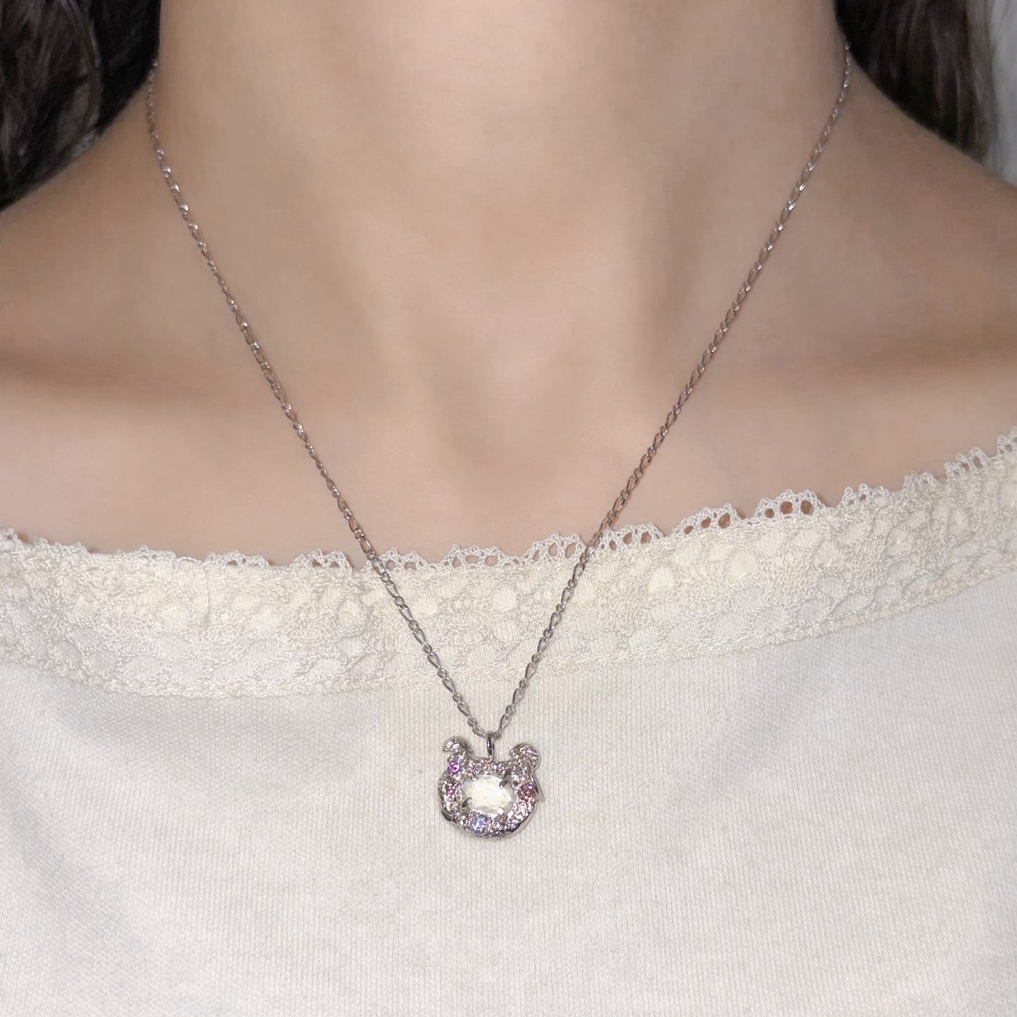 bear necklace / zirconia × moon stone / くまネックレス