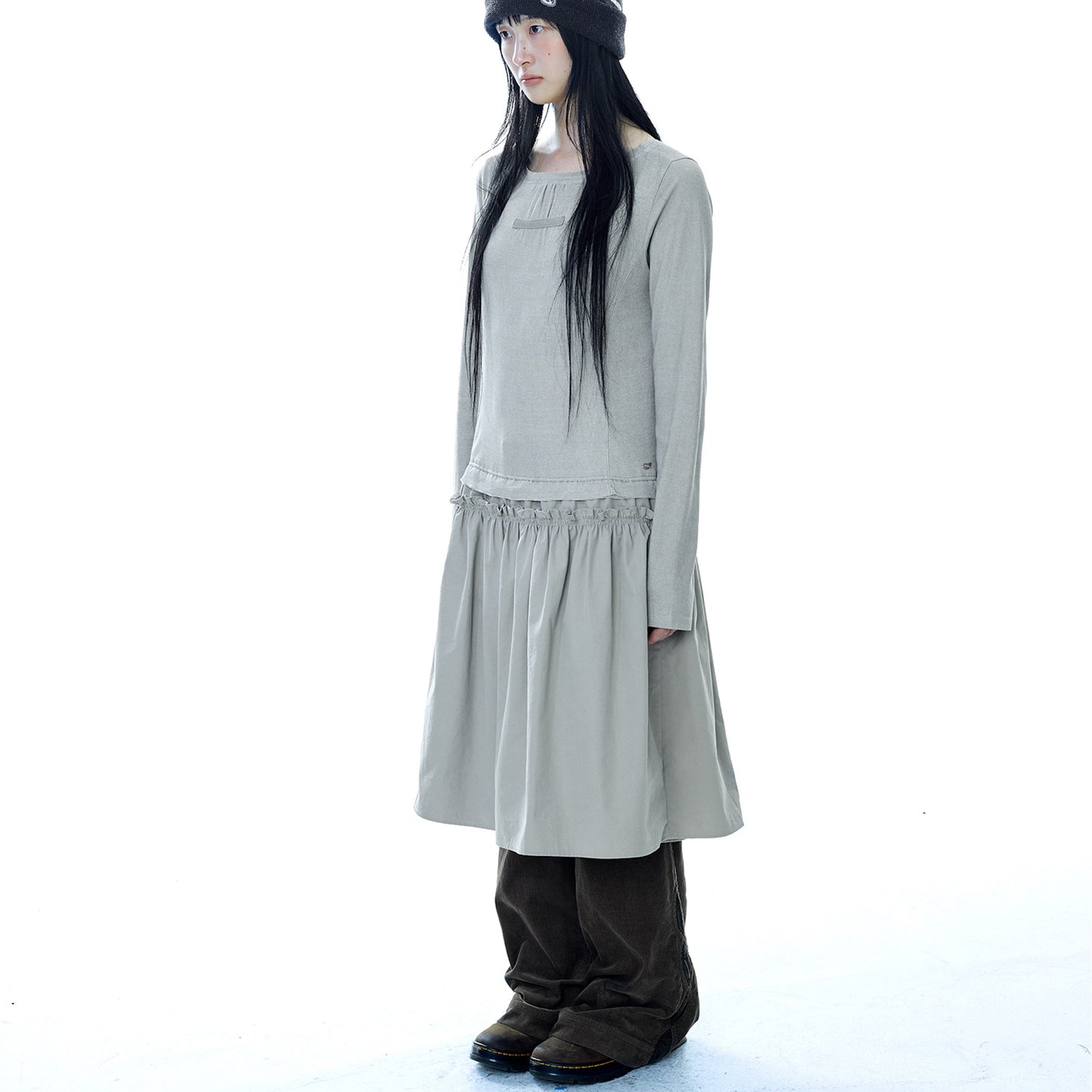 2WAY SHIRRING ONE PIECE / LIGHT KHAKI / シャーリングワンピース