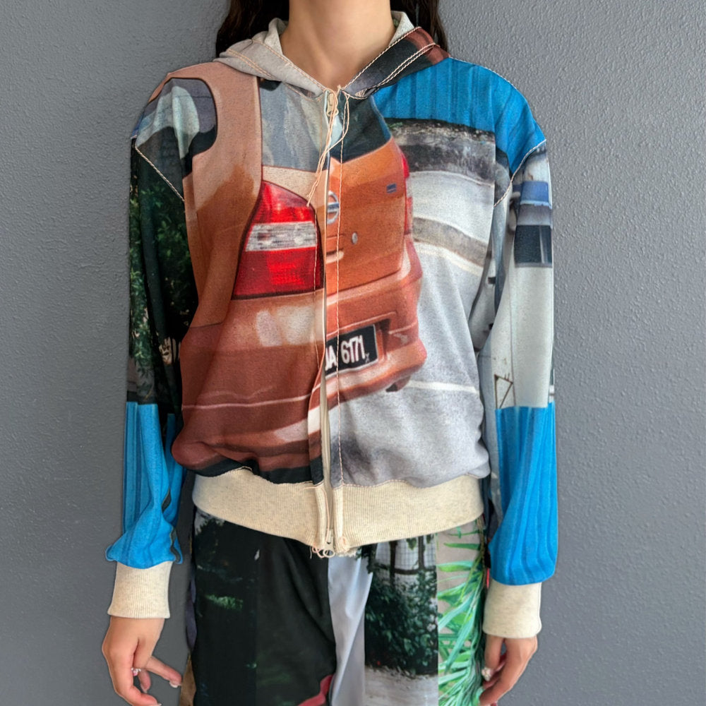 print zip up hoodie / car / プリントジップアップフーディー
