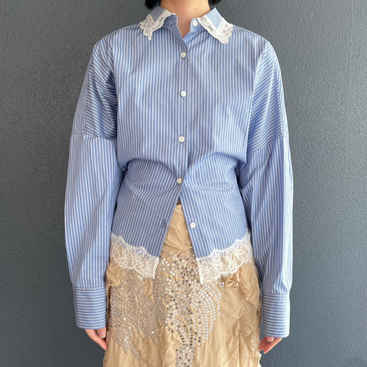 Hanna Shirt / Blue Stripe x White Lace / ウエストシェイプシャツ