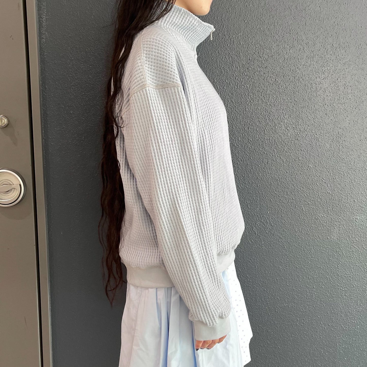 [F.E.E.S] waffle half zip pullover / blue / ワッフルハイネックハーフジップ