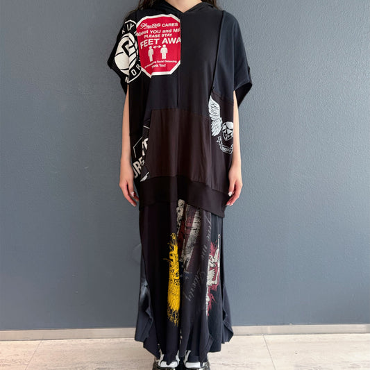 RECONSTRUCTED T-SHIRT HOODED DRESS / BLACK / ヴィンテージフードドレス
