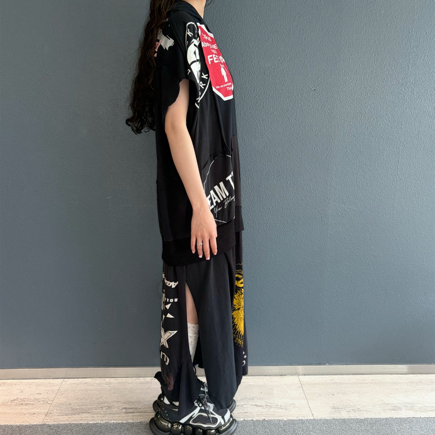 RECONSTRUCTED T-SHIRT HOODED DRESS / BLACK / ヴィンテージフードドレス