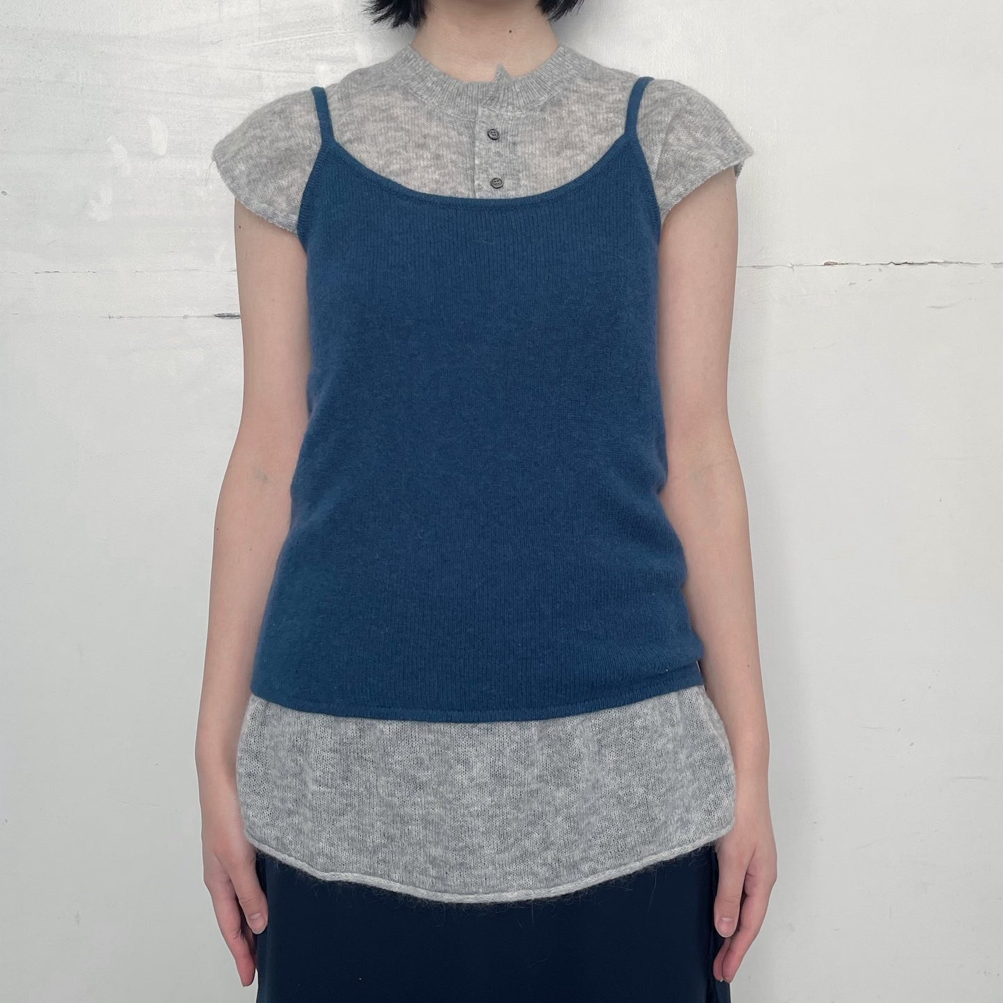 Little girl's tank top / navy with gray / レイヤーニットトップ