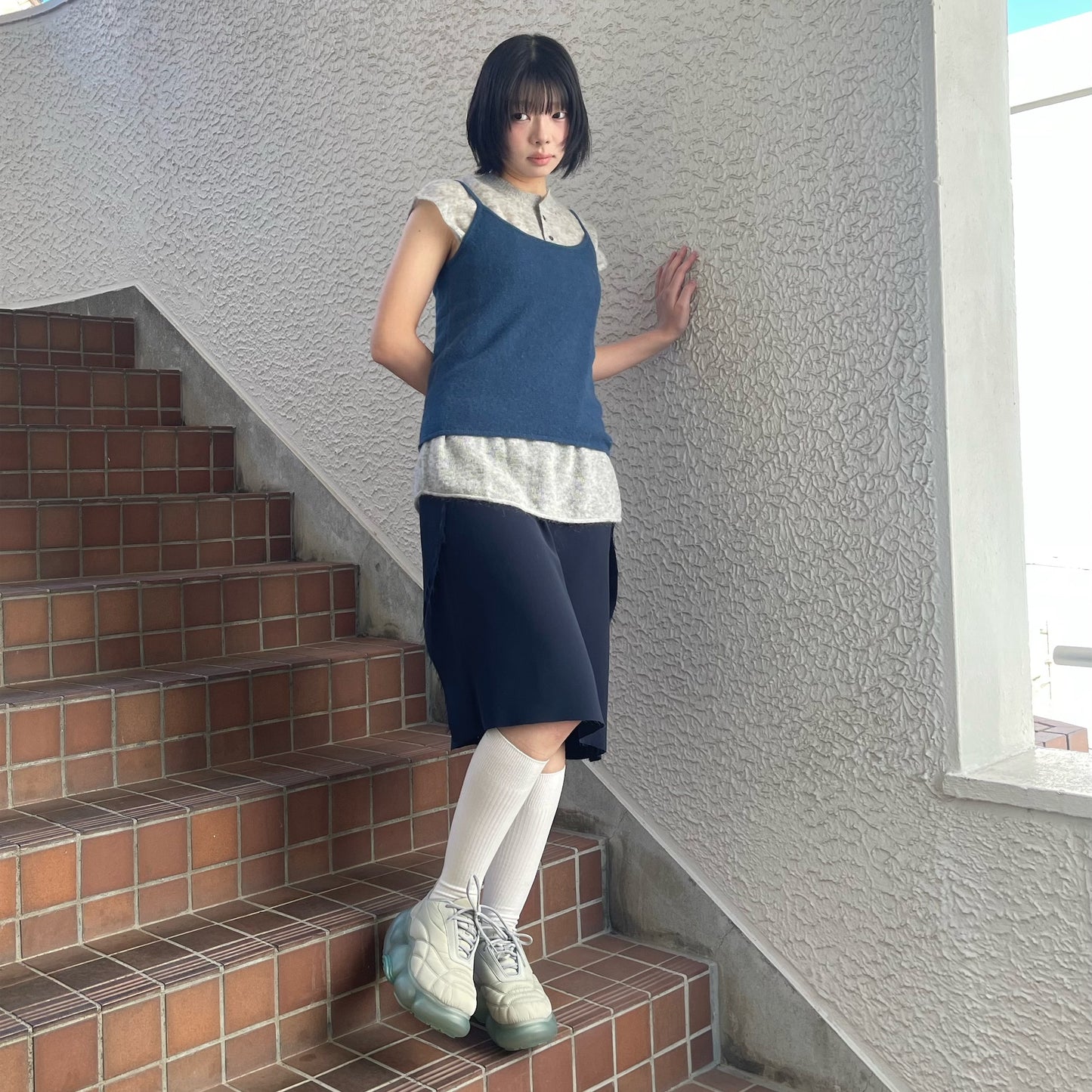 Little girl's tank top / navy with gray / レイヤーニットトップ