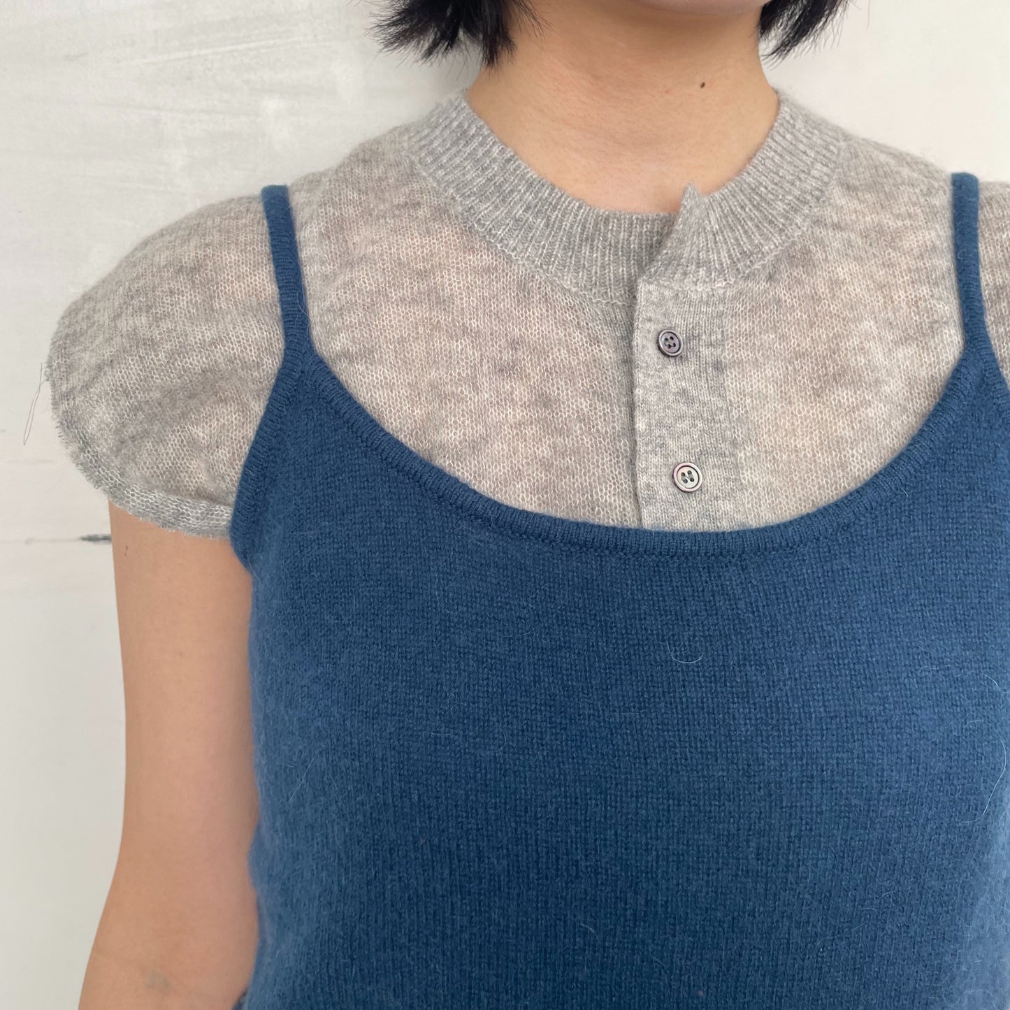 Little girl's tank top / navy with gray / レイヤーニットトップ