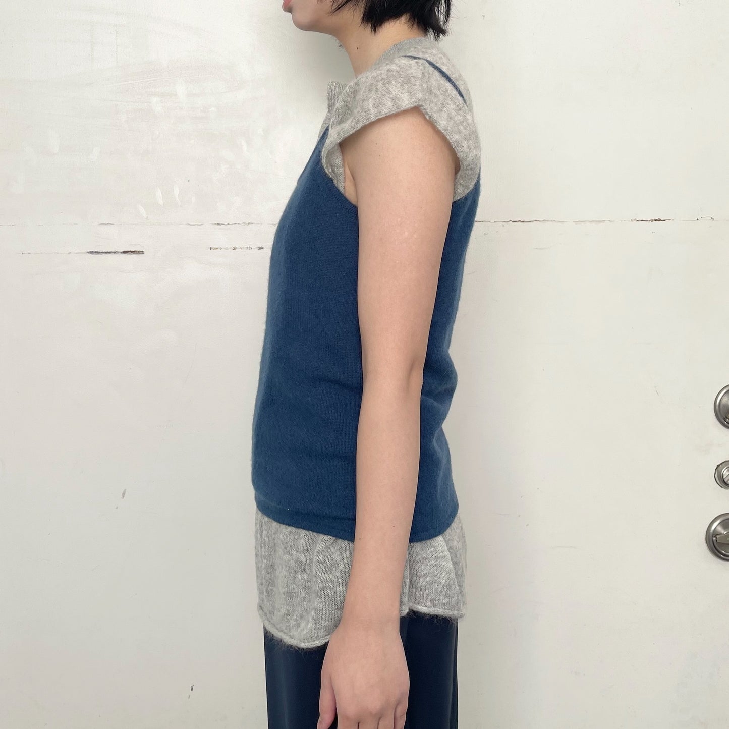 Little girl's tank top / navy with gray / レイヤーニットトップ
