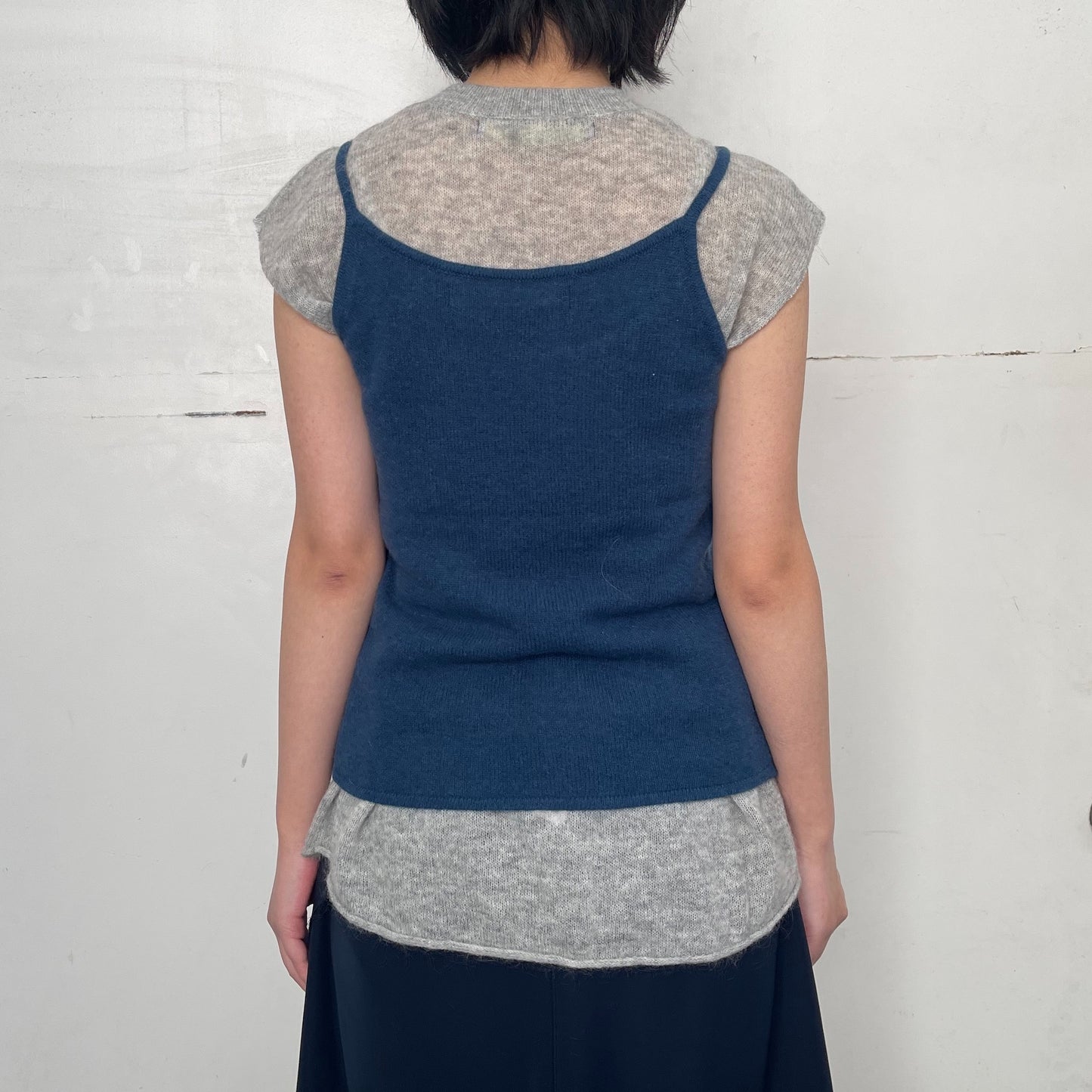 Little girl's tank top / navy with gray / レイヤーニットトップ