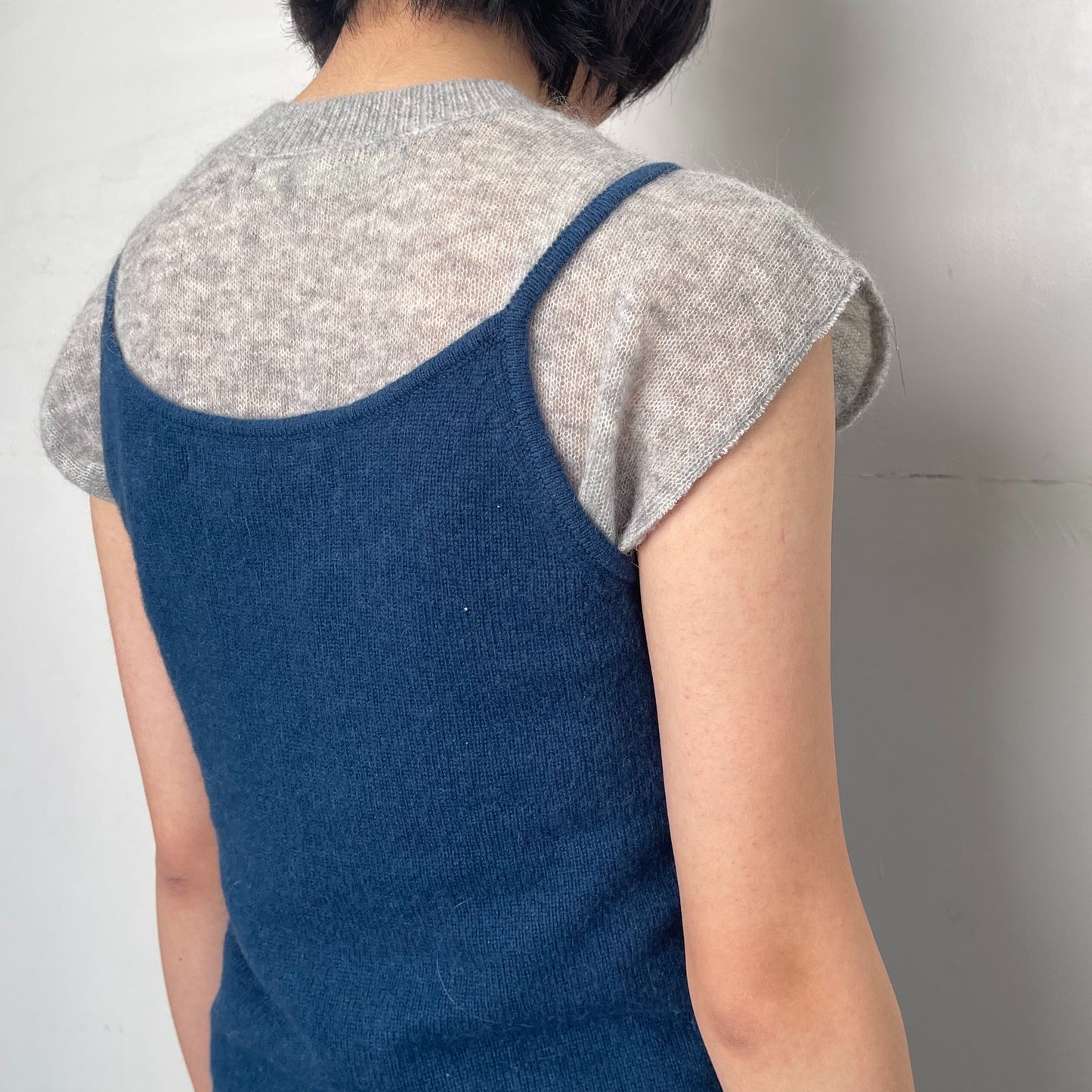 Little girl's tank top / navy with gray / レイヤーニットトップ