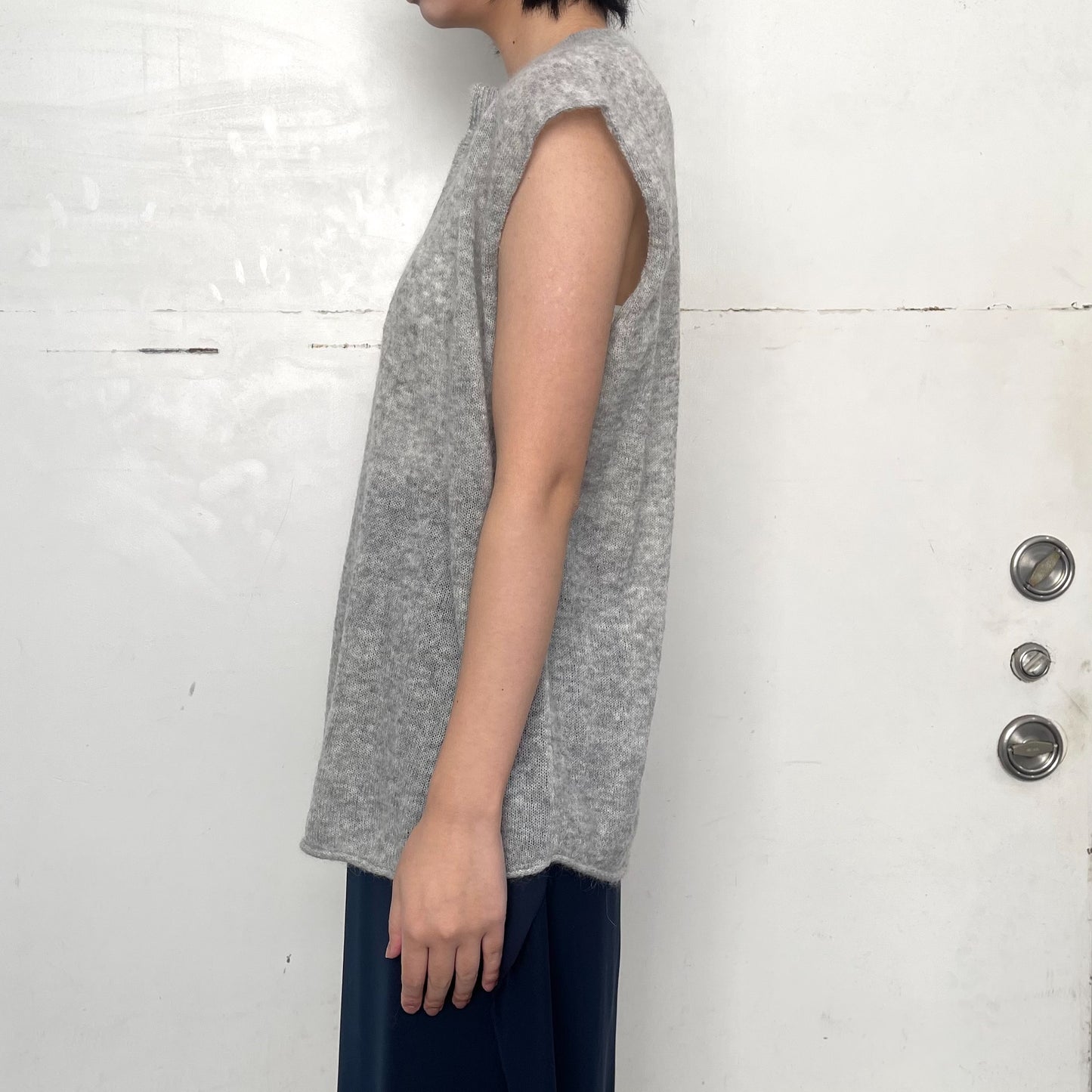 Little girl's tank top / navy with gray / レイヤーニットトップ