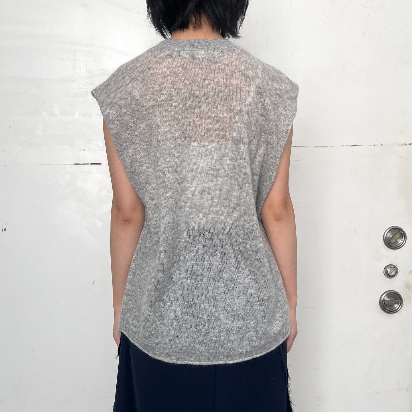 Little girl's tank top / navy with gray / レイヤーニットトップ